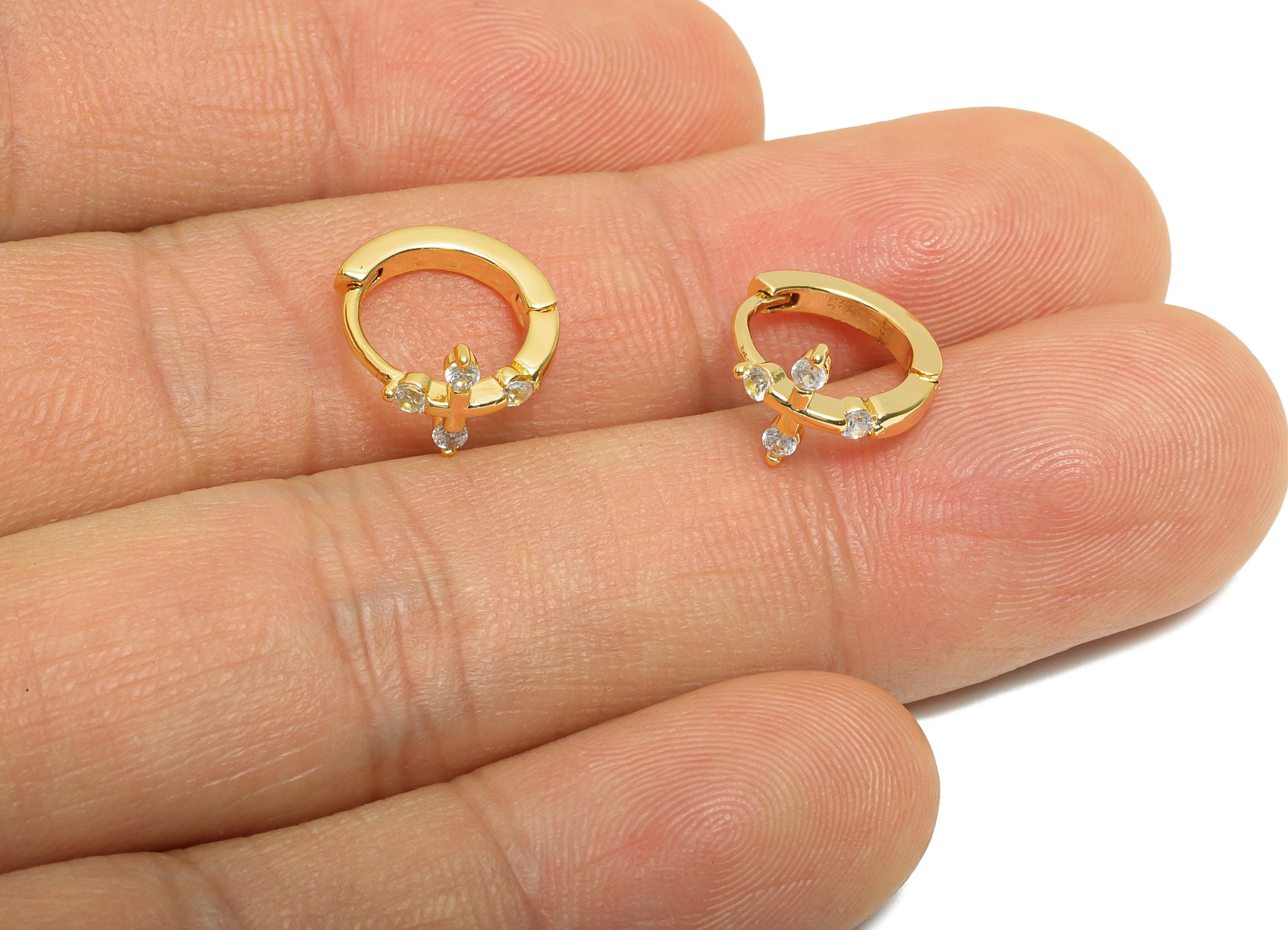 Brass CZ Cross Huggie Hoop Earring - Brass Zircon Earrings - Statement Huggie Hoop Clasp - 18K Real Gold Plated - 11.7x10.75x7mm - RGP10912 - DOMEDBAZAAR