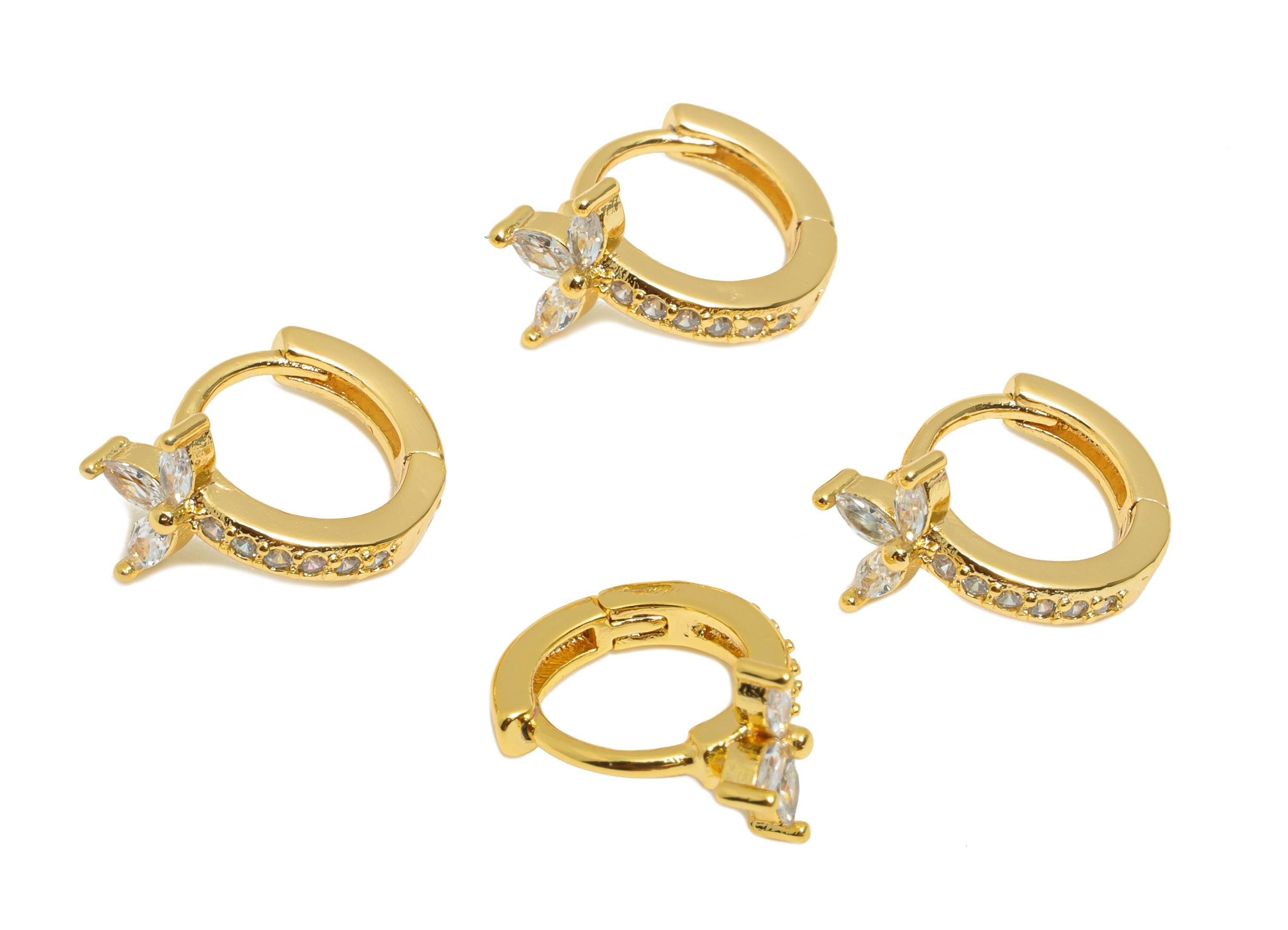 Brass CZ Huggie Hoop Earring - Mini Marquise Zircon Earring - Delicate Floral Huggie Hoop Clasp - 18K Gold Plated - 12.3x10x7.6mm - RGP10916 - DOMEDBAZAAR