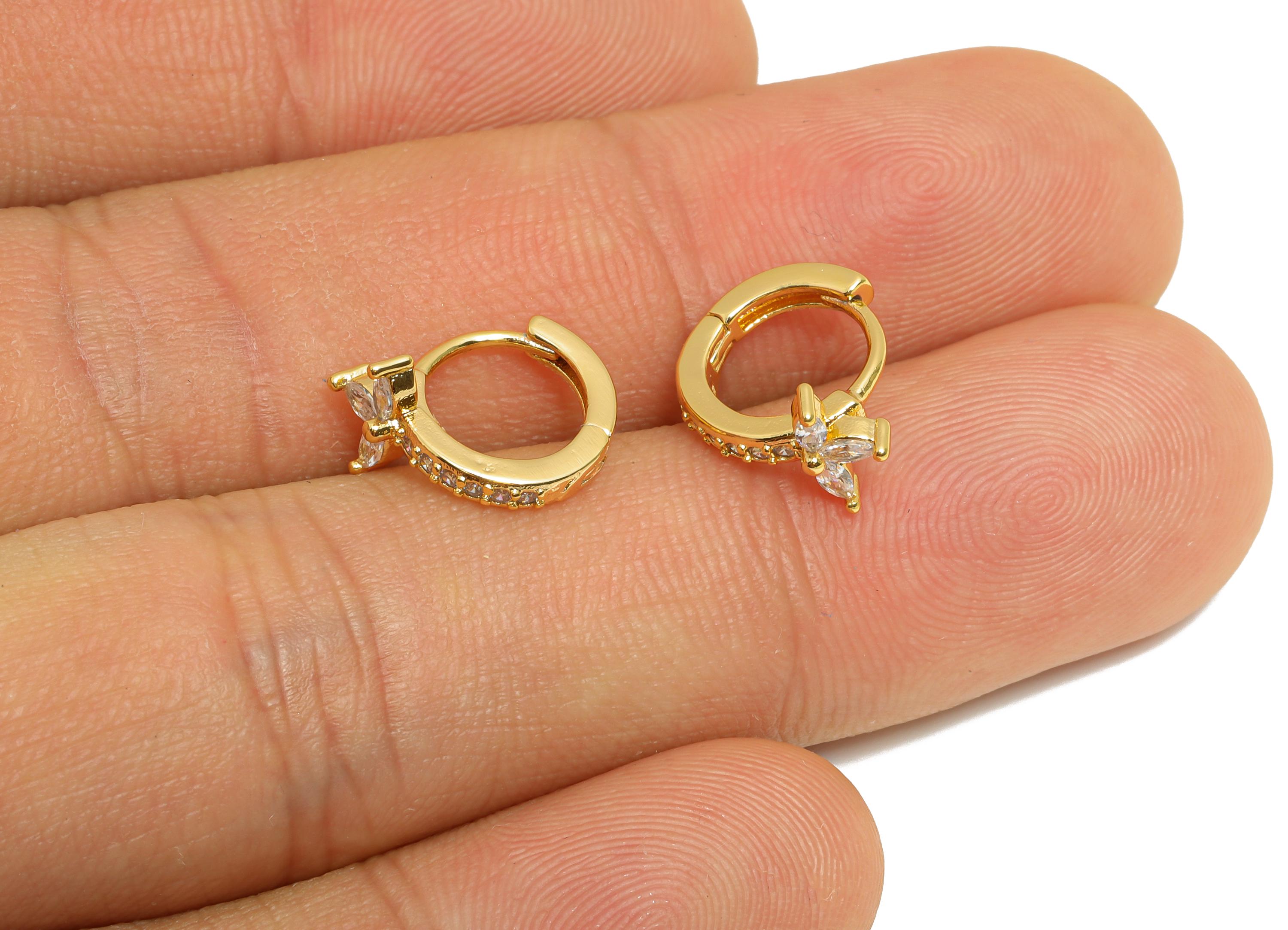 Brass CZ Huggie Hoop Earring - Mini Marquise Zircon Earring - Delicate Floral Huggie Hoop Clasp - 18K Gold Plated - 12.3x10x7.6mm - RGP10916 - DOMEDBAZAAR