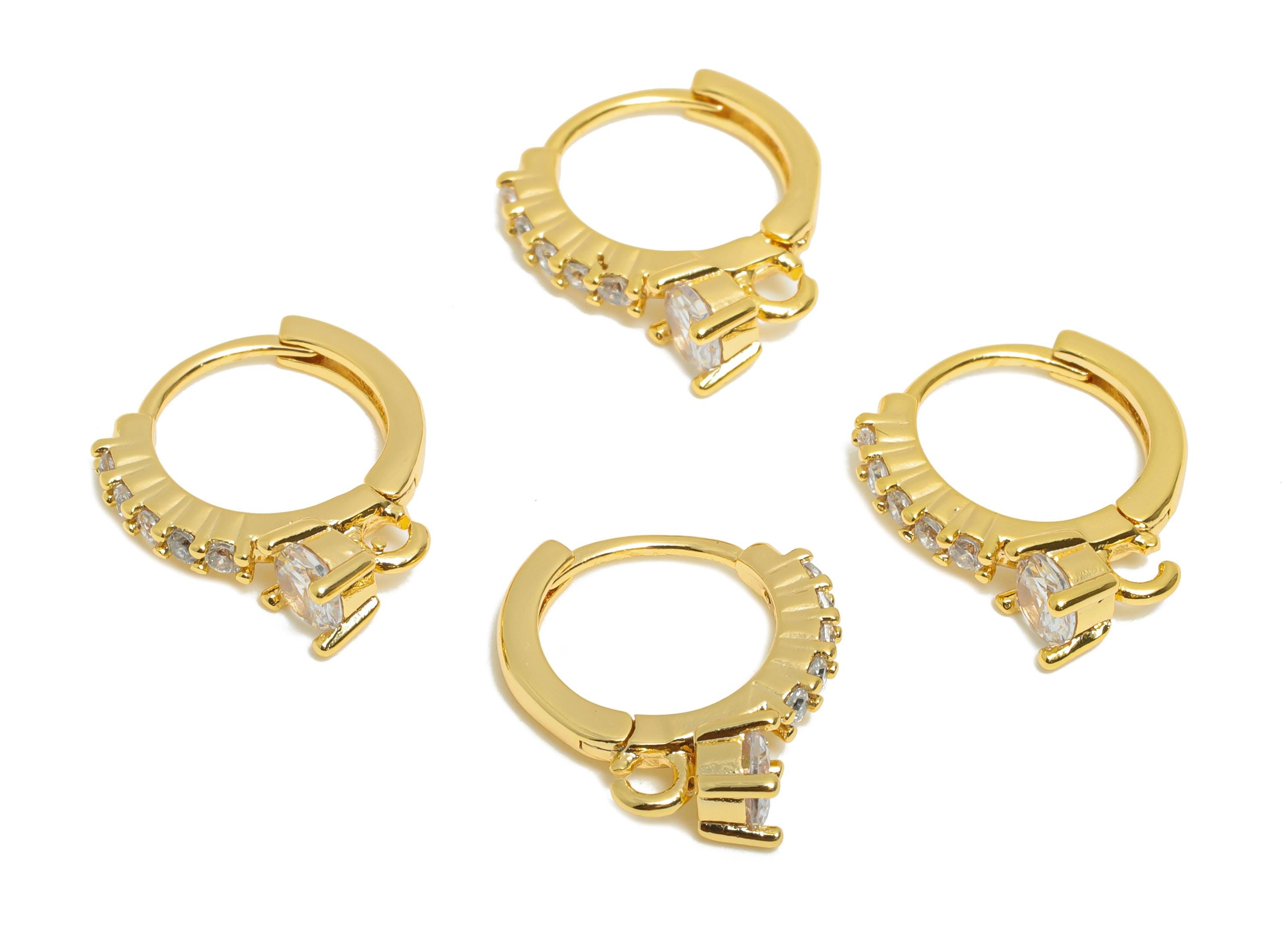 Brass CZ Round Huggie Hoop Earring - Brass Zircon Earring with Loop - Dainty Huggie Hoop Clasp - 18K Real Gold Plated - 14x13x3mm - RGP10941 - DOMEDBAZAAR