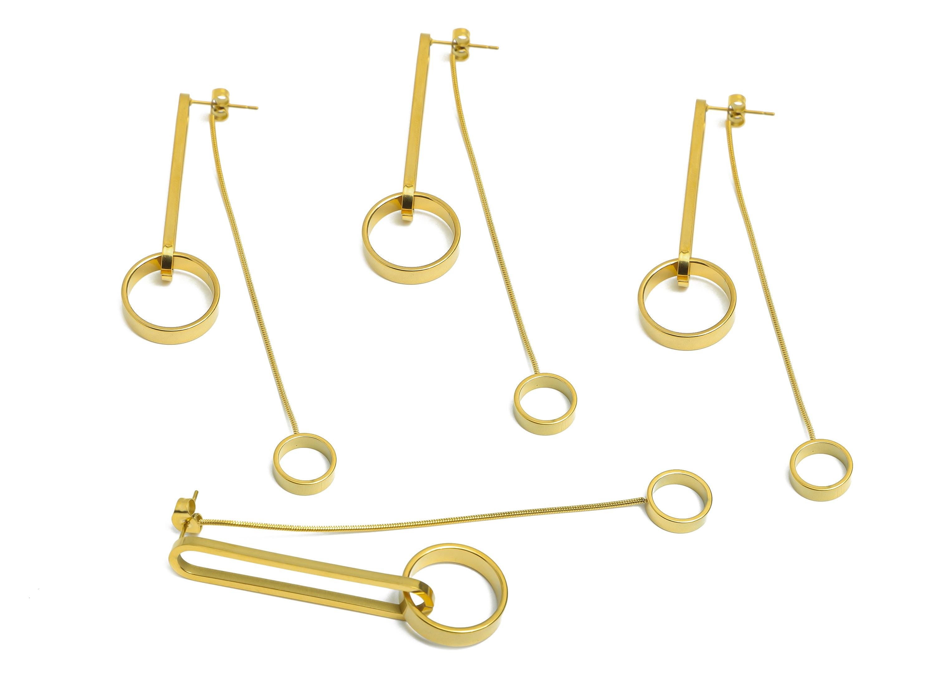 Steel Geometry Earring Stud - Modern Dangle Earring Post - Trendy Minimalist Geometric Earring Post - Vacuum Gold Plating - 83x7x13mm-SS2252 - DOMEDBAZAAR