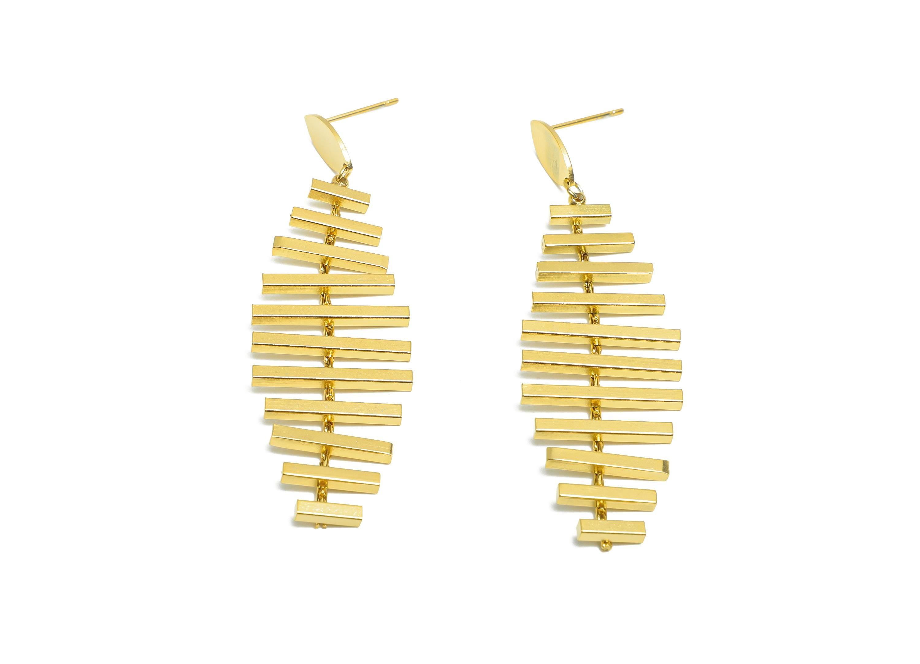 Steel Fishbone Earring Stud - Modern Long Dangle Earring Post - Handmade Geometric Earring Post - Vacuum Gold Plating - 62x20x3mm - SS2241 - DOMEDBAZAAR