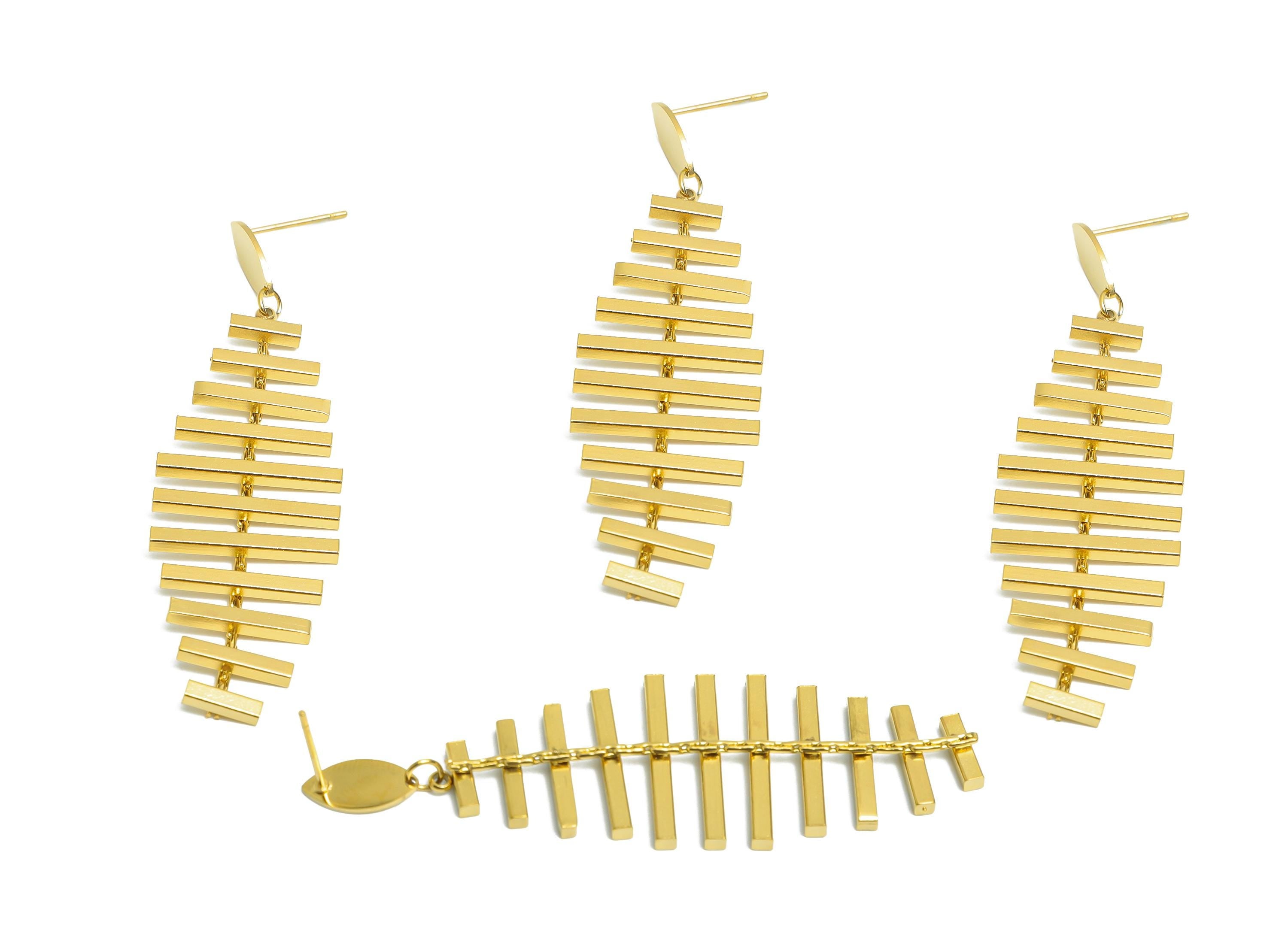 Steel Fishbone Earring Stud - Modern Long Dangle Earring Post - Handmade Geometric Earring Post - Vacuum Gold Plating - 62x20x3mm - SS2241 - DOMEDBAZAAR