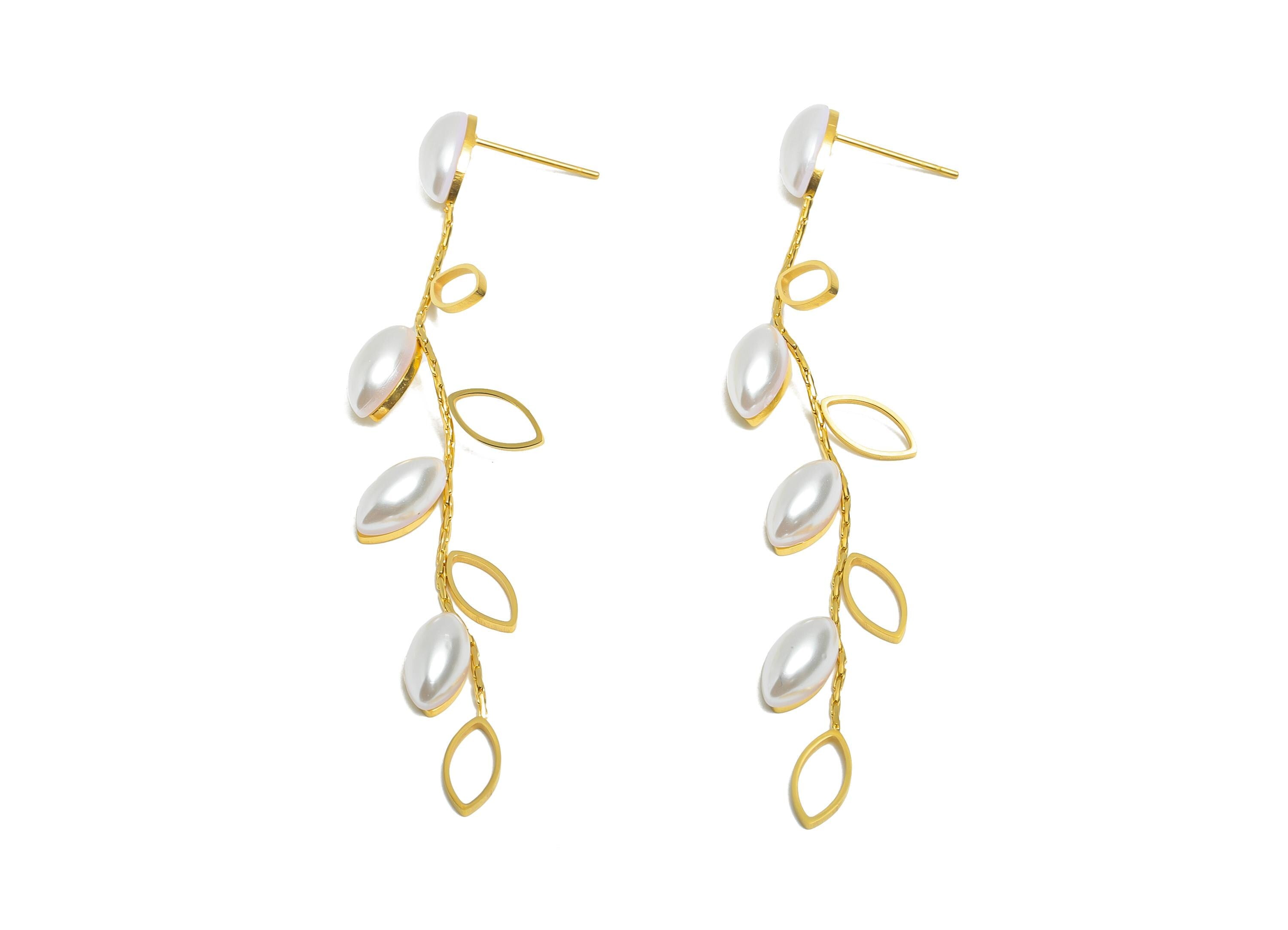Steel Pearl Dangle Earring Post - Handmade Leaf Pearl Earring Stud - Wedding Earrings for Women - Vacuum Gold Plating - 78x19x4mm - SS2242 - DOMEDBAZAAR