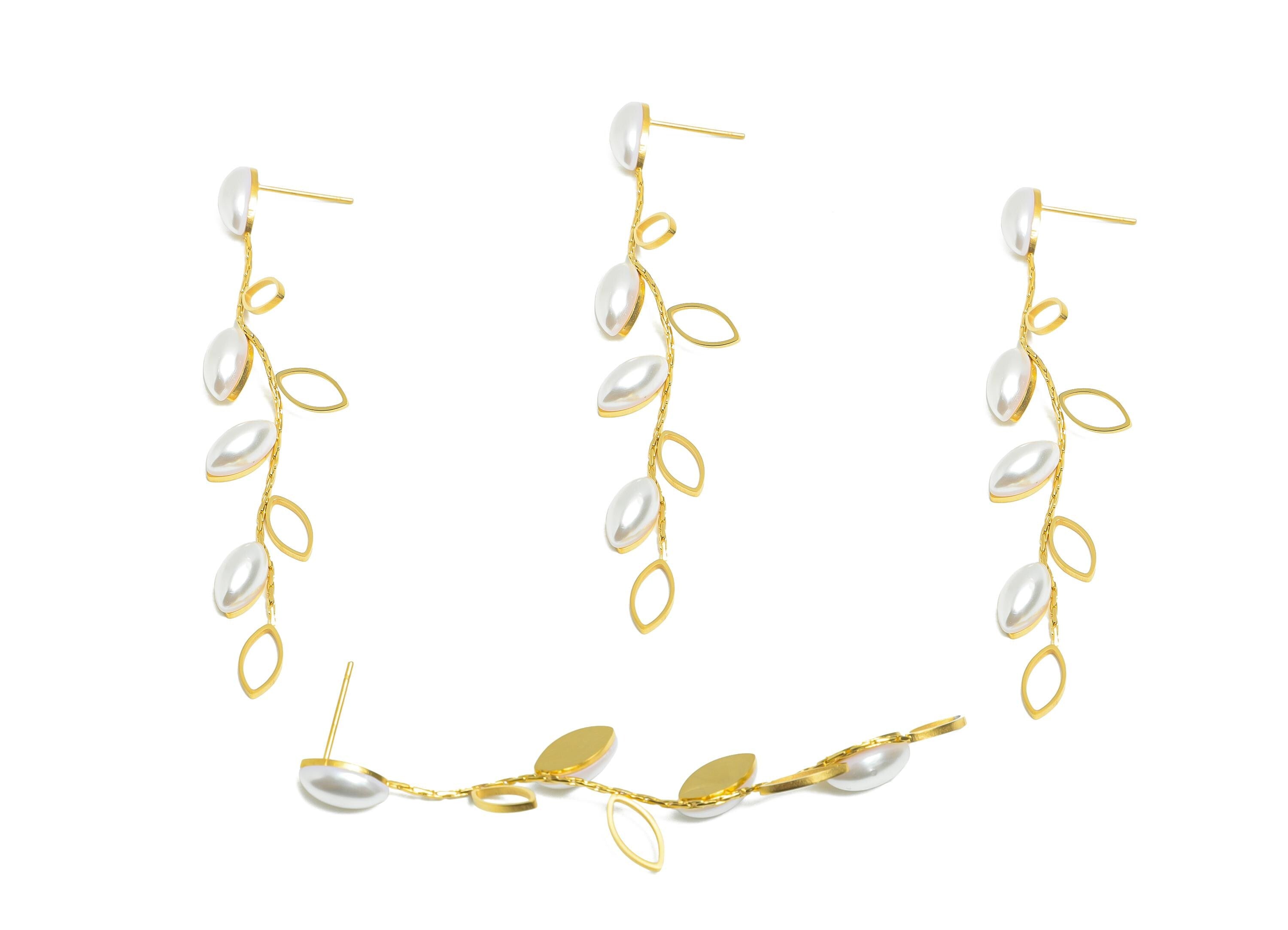 Steel Pearl Dangle Earring Post - Handmade Leaf Pearl Earring Stud - Wedding Earrings for Women - Vacuum Gold Plating - 78x19x4mm - SS2242 - DOMEDBAZAAR
