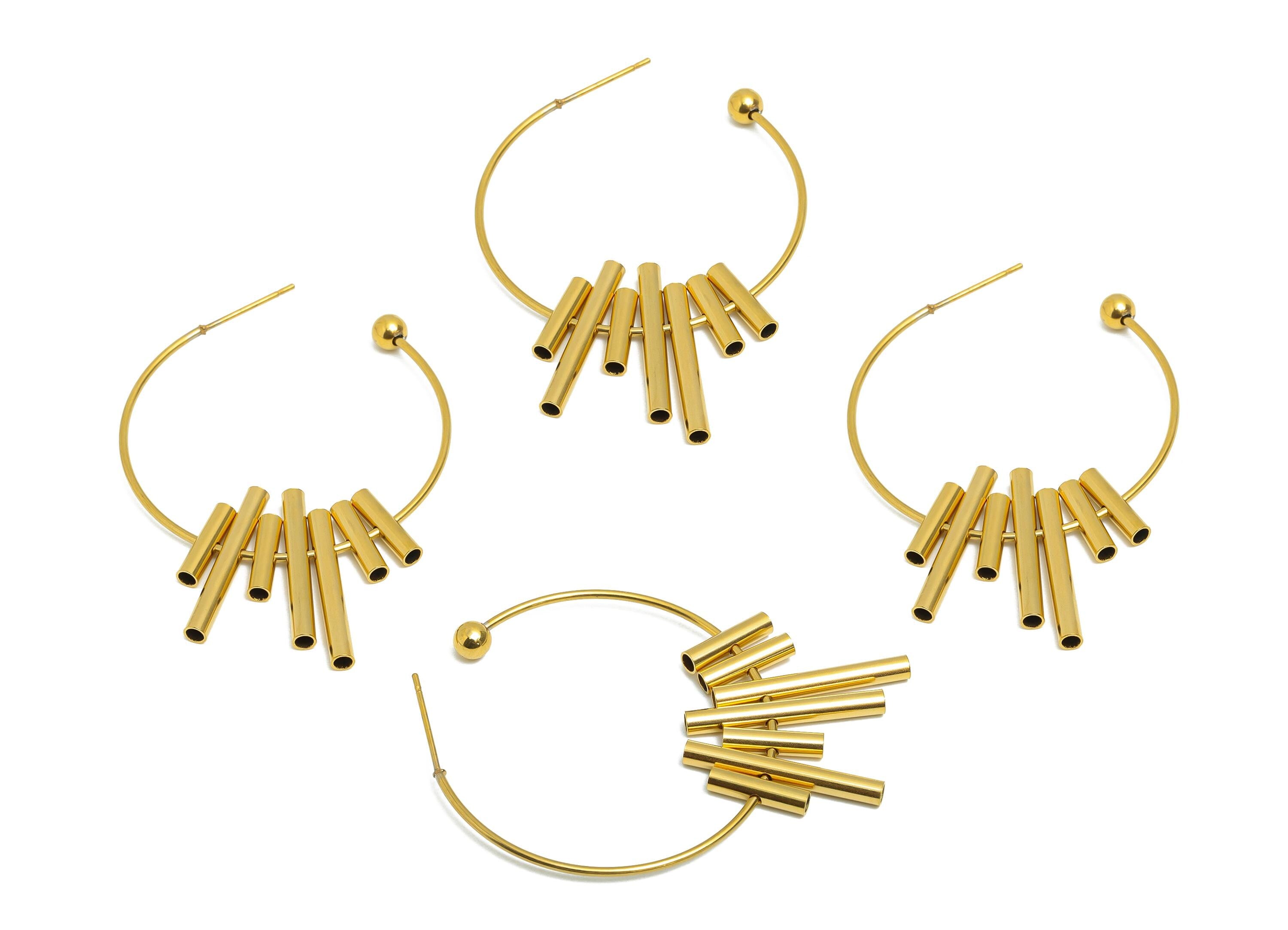 Steel Tube Hoop Earring Stud - Chic Modern Dangle Earring Post - Trendy Chunky Hoop Earring Post - Vacuum Gold Plating - 49x37x2mm-SS2253 - DOMEDBAZAAR