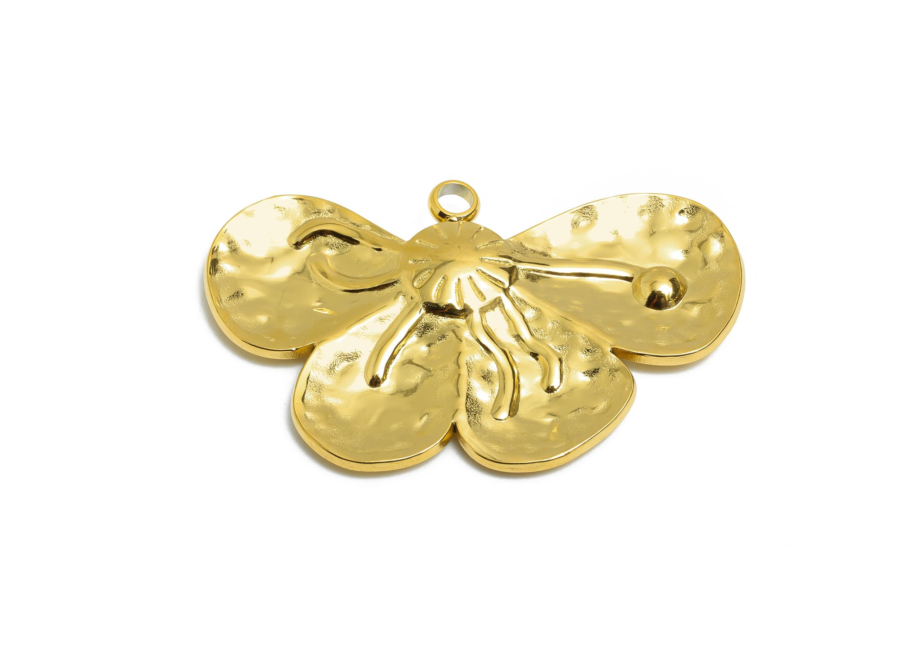 Steel Petal Pendant - Artisan Flower Pendant for Necklace - Hammered Botanical Floral Pendant - 18K Vacuum Plated - 23x38.6x2mm - SS2205G - DOMEDBAZAAR