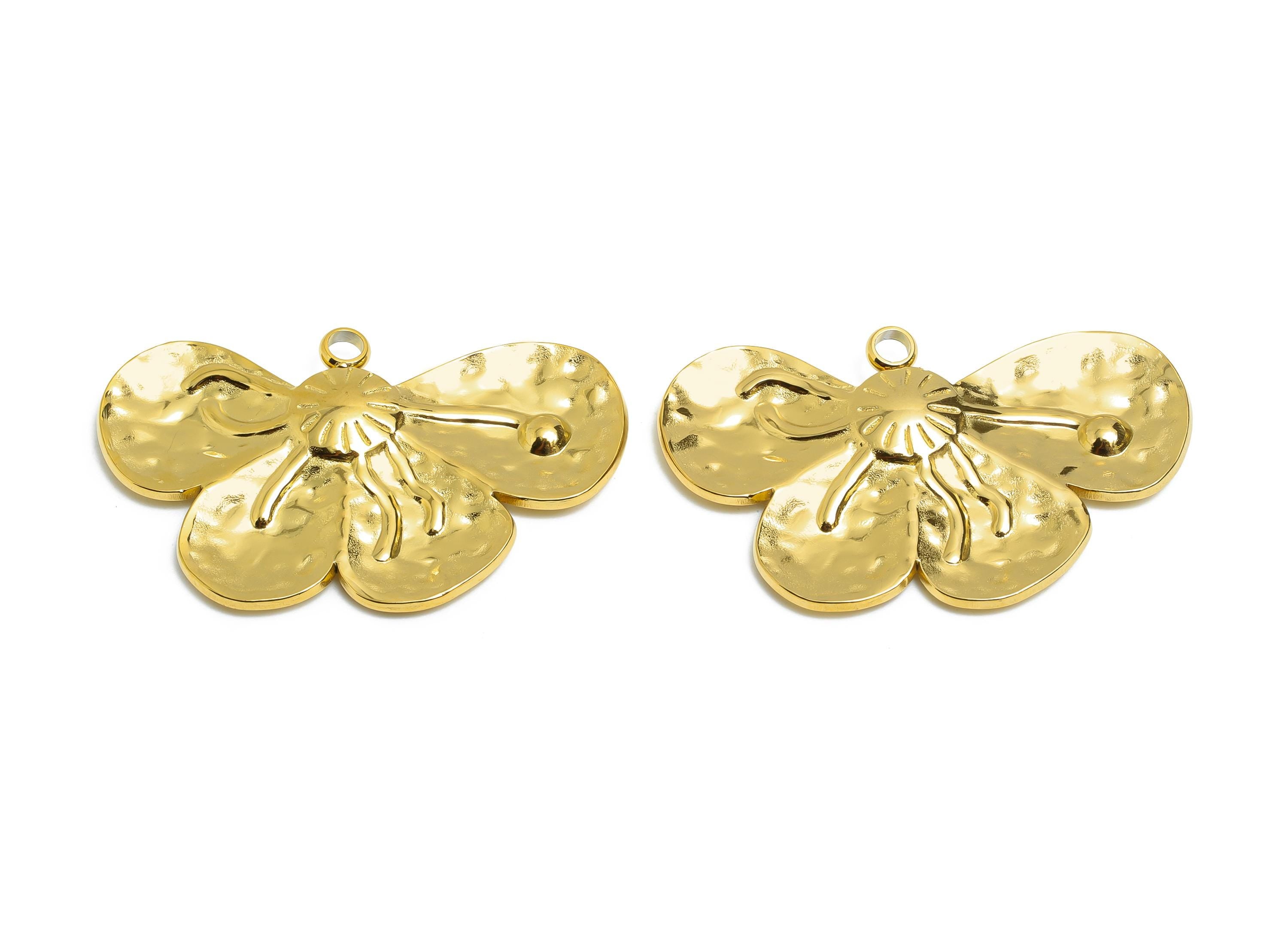 Steel Petal Pendant - Artisan Flower Pendant for Necklace - Hammered Botanical Floral Pendant - 18K Vacuum Plated - 23x38.6x2mm - SS2205G - DOMEDBAZAAR