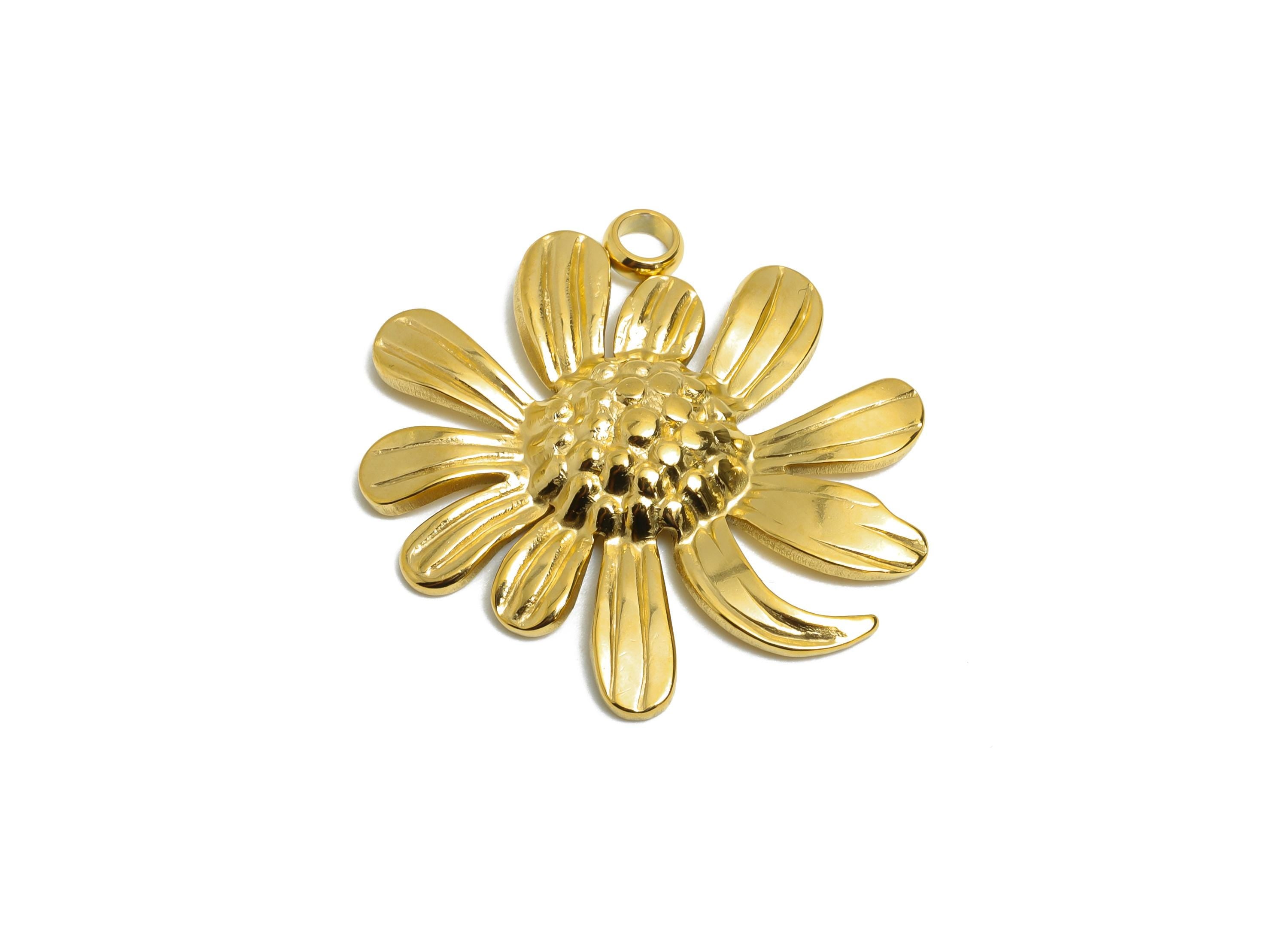 Steel Daisy Pendant - Handmade Dainty Flower Necklace Pendant - Statement Botanical Floral Pendant - 18K Vacuum Plated - 23x26x3mm - SS2202G - DOMEDBAZAAR