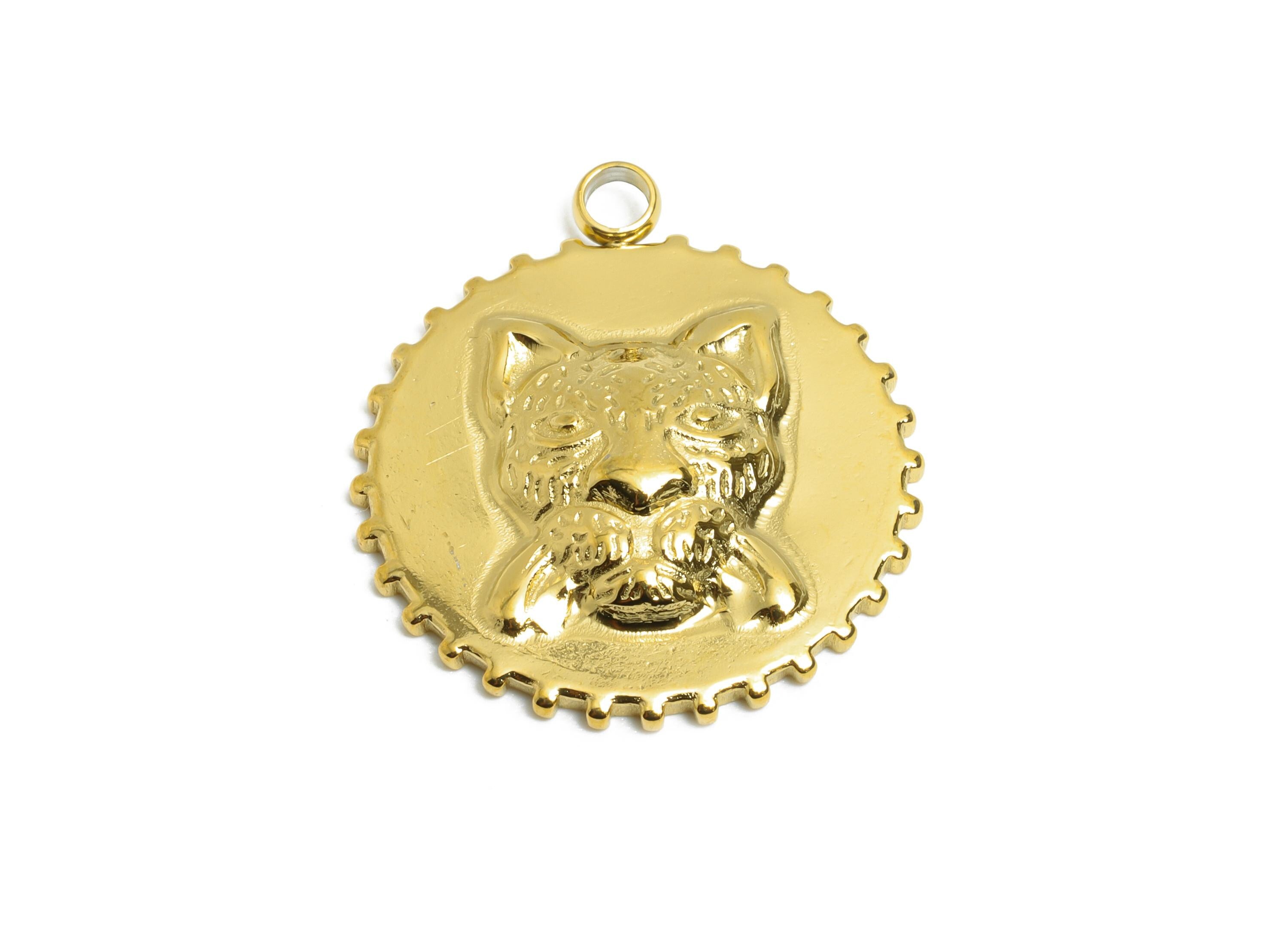 Stainless Steel Tiger Charm - Unique Jaguar Animal Necklace Pendant - Modern Steel Tiger Charm - 18K Real Vacuum Plated - 20x18x3mm -SS2186G - DOMEDBAZAAR