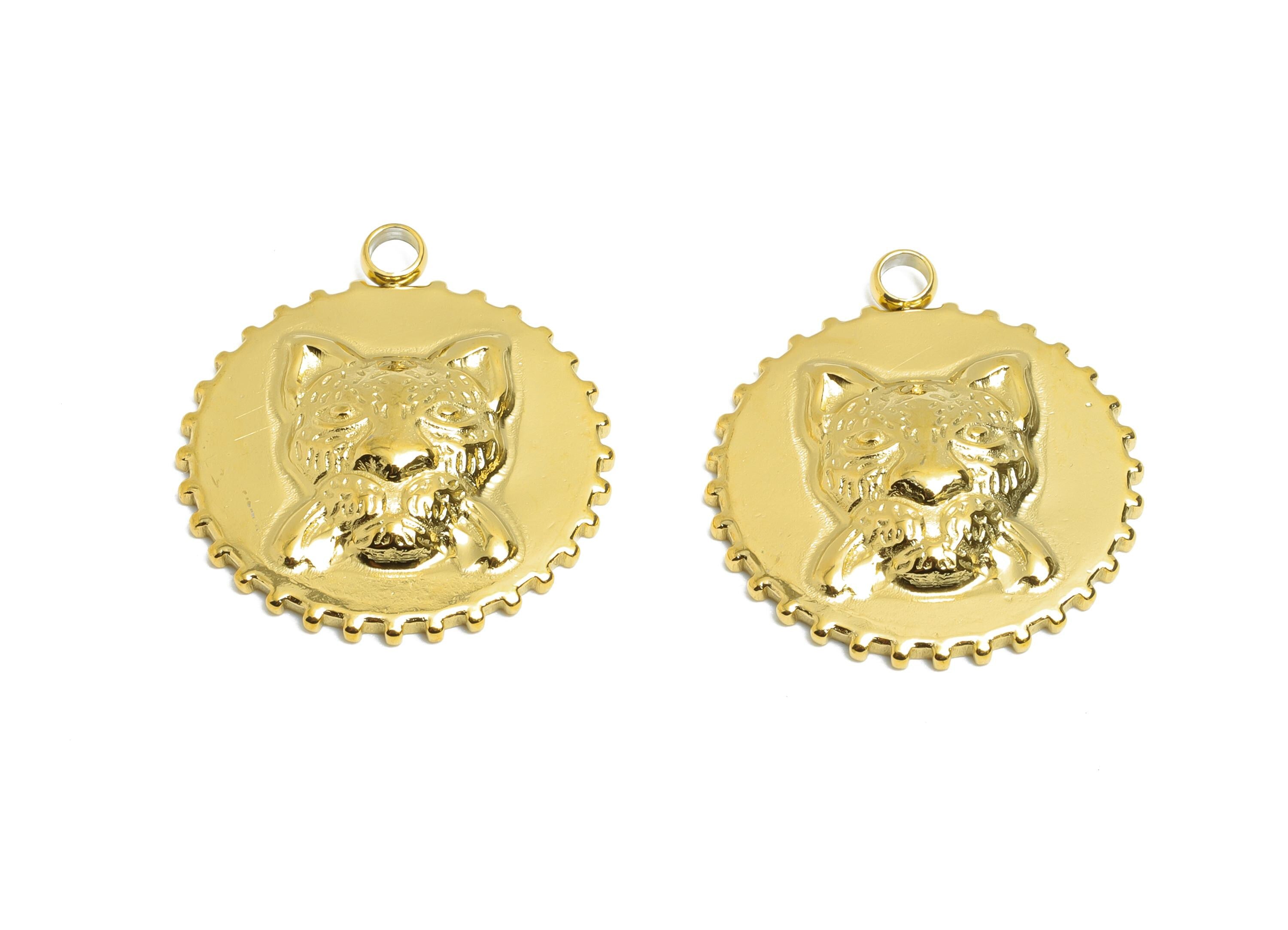 Stainless Steel Tiger Charm - Unique Jaguar Animal Necklace Pendant - Modern Steel Tiger Charm - 18K Real Vacuum Plated - 20x18x3mm -SS2186G - DOMEDBAZAAR