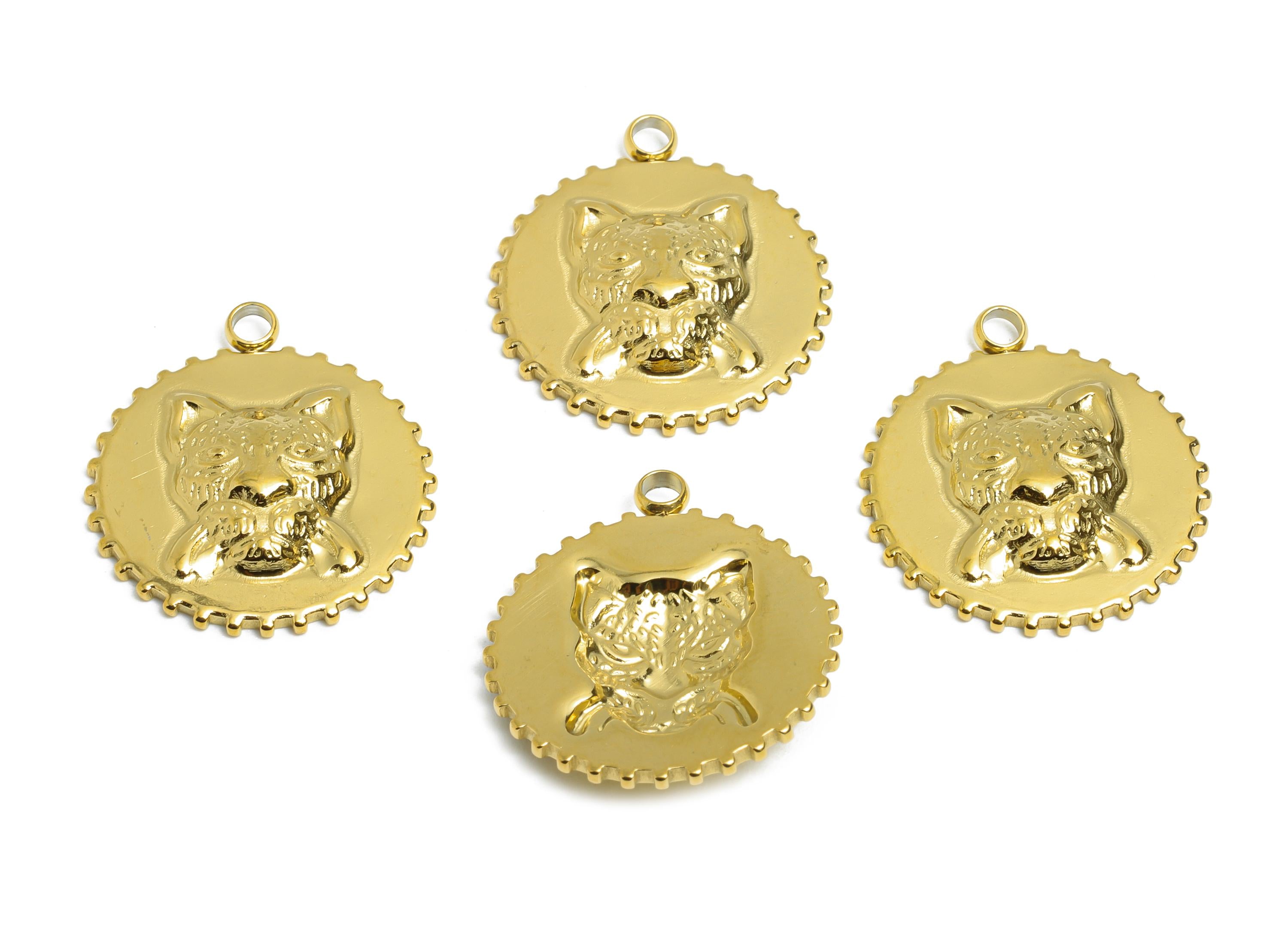 Stainless Steel Tiger Charm - Unique Jaguar Animal Necklace Pendant - Modern Steel Tiger Charm - 18K Real Vacuum Plated - 20x18x3mm -SS2186G - DOMEDBAZAAR