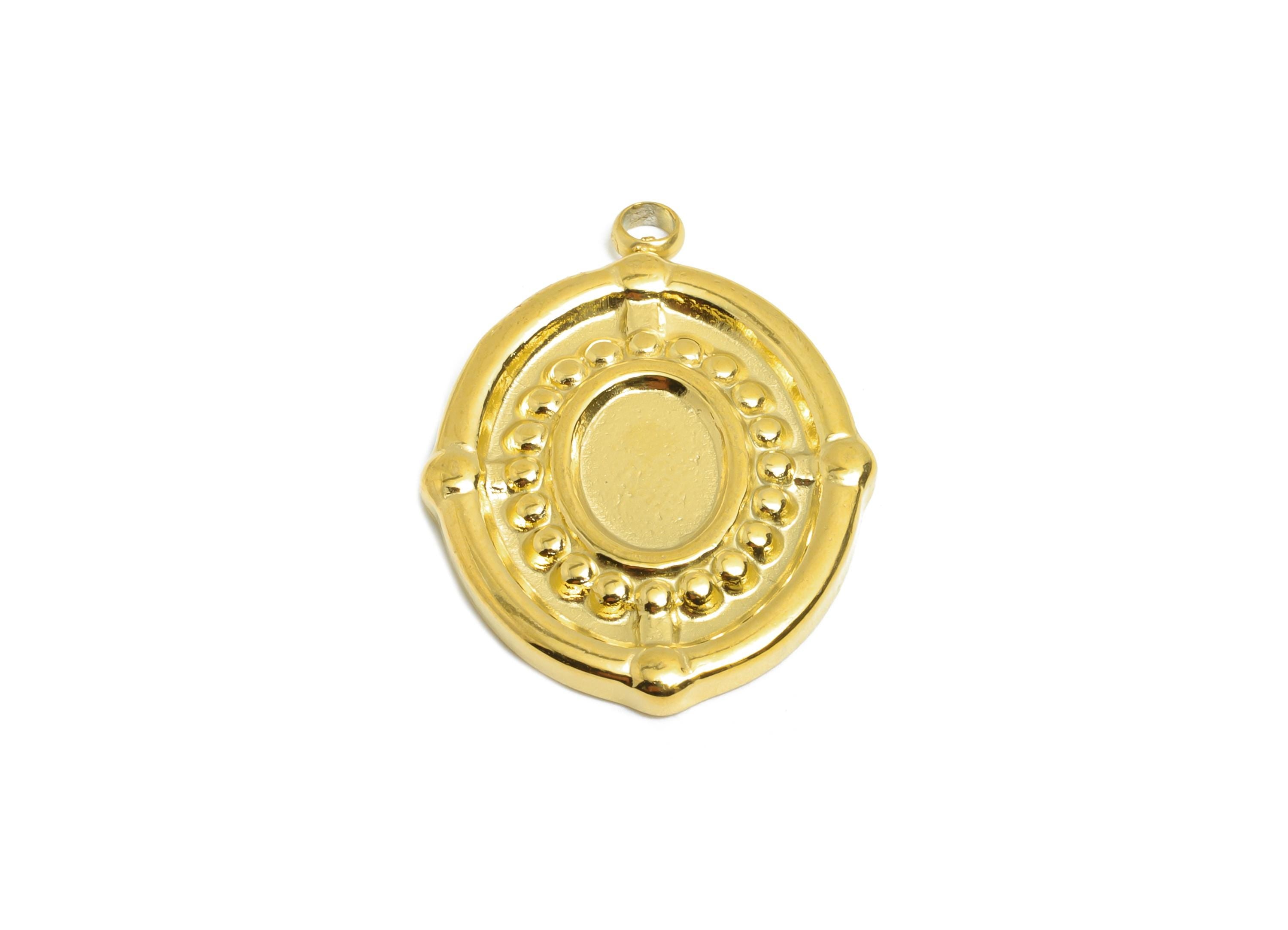 Steel Oval Charms - Vintage Geometric Necklace Pendant - Elegant Handmade Metal Jewelry - 18K Real Vacuum Plated - 23x17.3x2.23mm - SS2199G - DOMEDBAZAAR