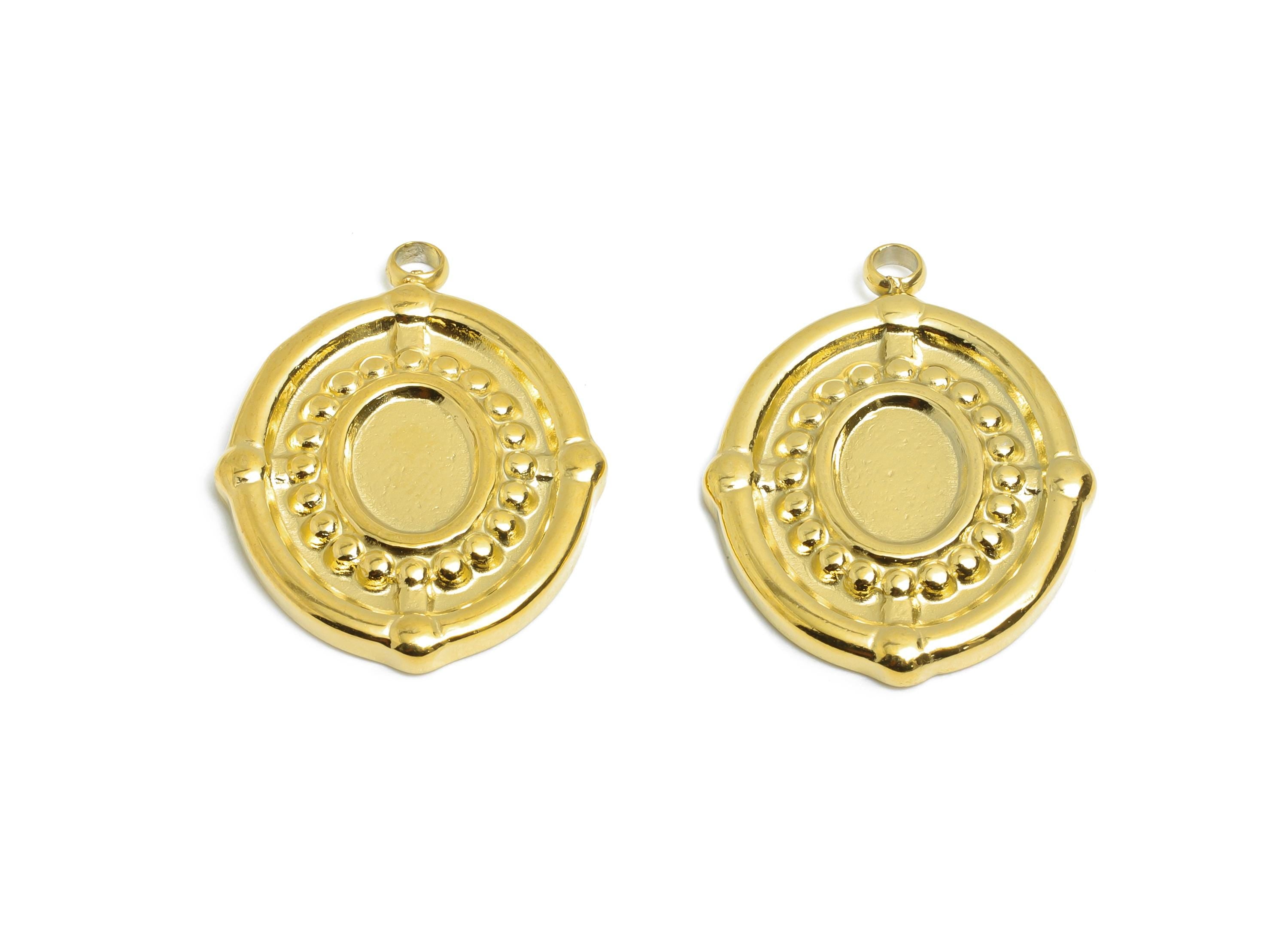 Steel Oval Charms - Vintage Geometric Necklace Pendant - Elegant Handmade Metal Jewelry - 18K Real Vacuum Plated - 23x17.3x2.23mm - SS2199G - DOMEDBAZAAR