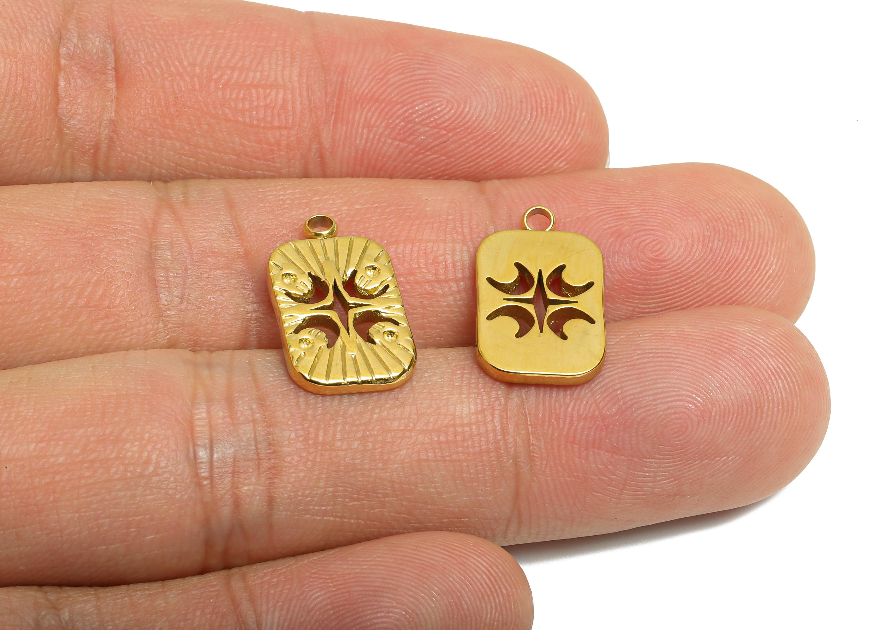 Steel Rectangle Charm - Vintage Geometric Moon Necklace Pendant - Rustic Talisman Pendant - 18K Vacuum Plated - 17.8x10.59x1.7mm - SS2200G - DOMEDBAZAAR