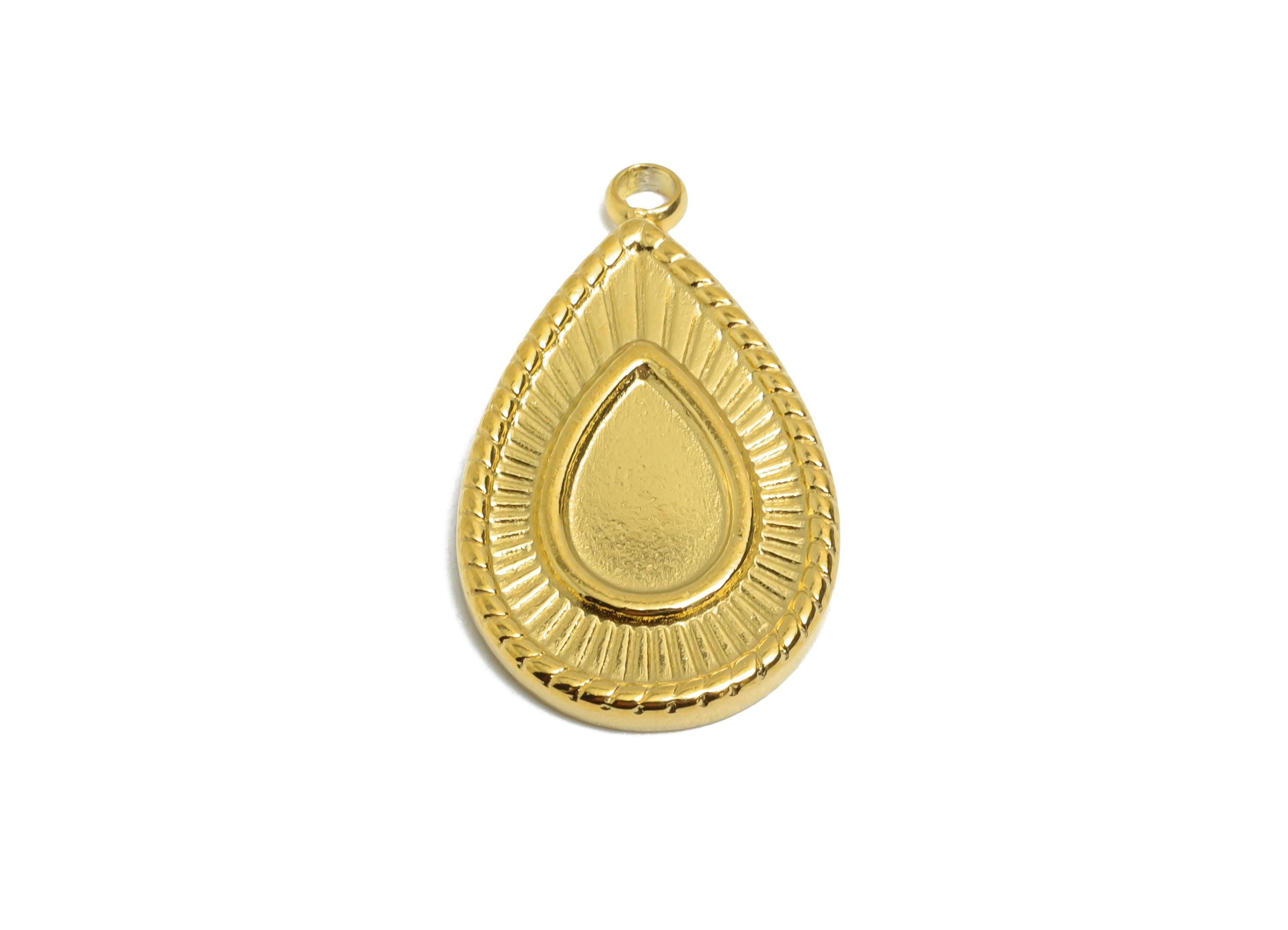 Steel Teardrop Charms - Elegant Drop Pendant for Necklace - Antique Sunburst Drop Charm - 18K Real Vacuum Plated - 22.84x13.28x2mm - SS2201G - DOMEDBAZAAR