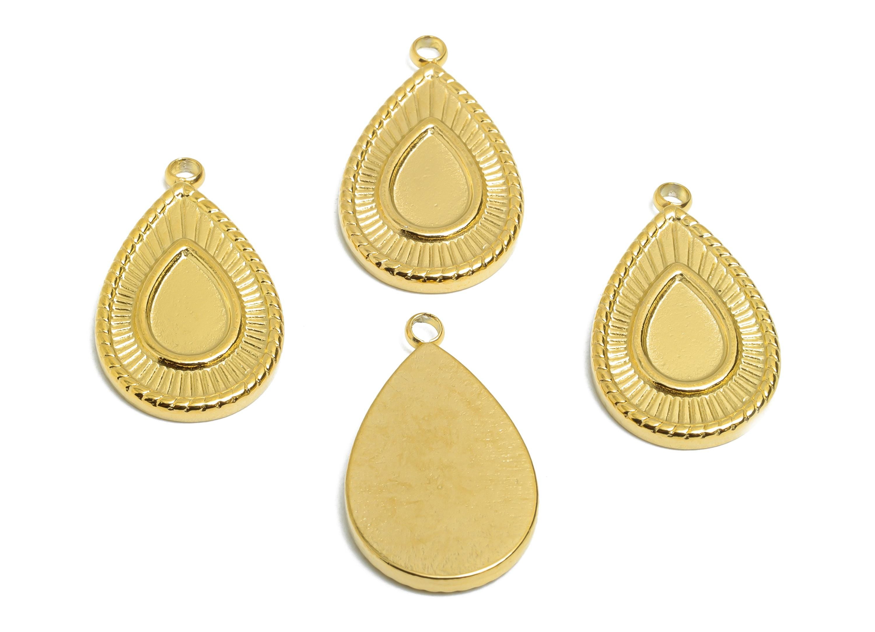Steel Teardrop Charms - Elegant Drop Pendant for Necklace - Antique Sunburst Drop Charm - 18K Real Vacuum Plated - 22.84x13.28x2mm - SS2201G - DOMEDBAZAAR