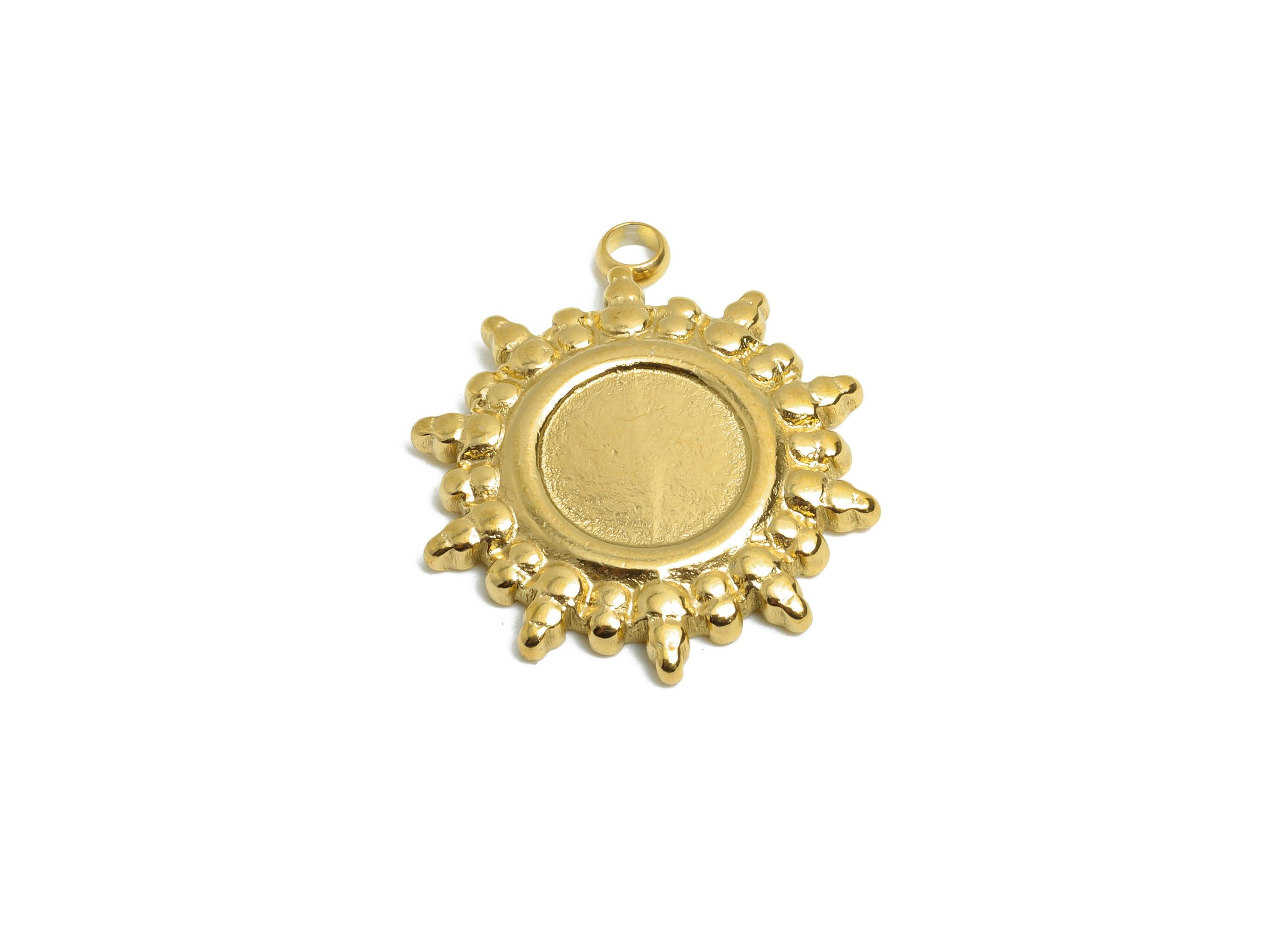 Stainless Steel Sunburst Pendant - Celestial Sun Pendant for Necklace - Antique Sunshine Charm - 18K Vacuum Plated - 20.9x18x2mm - SS2195G - DOMEDBAZAAR