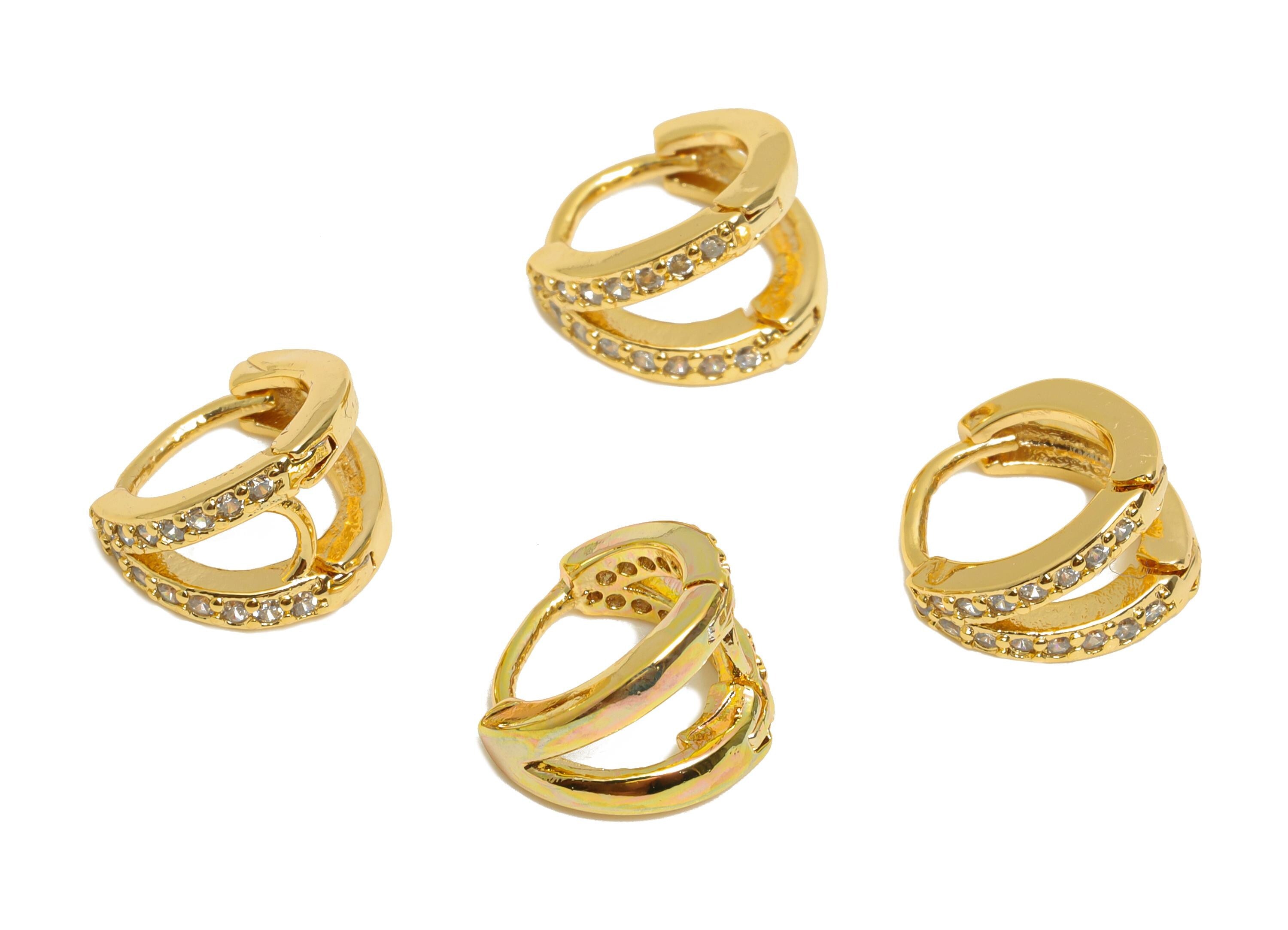 Brass CZ Round Huggie Hoop Earring - Double Hoop Zircon Earring - Delicate Huggie Hoop Clasp - 18K Real Gold Plated - 9x8.57x6mm - RGP10902 - DOMEDBAZAAR