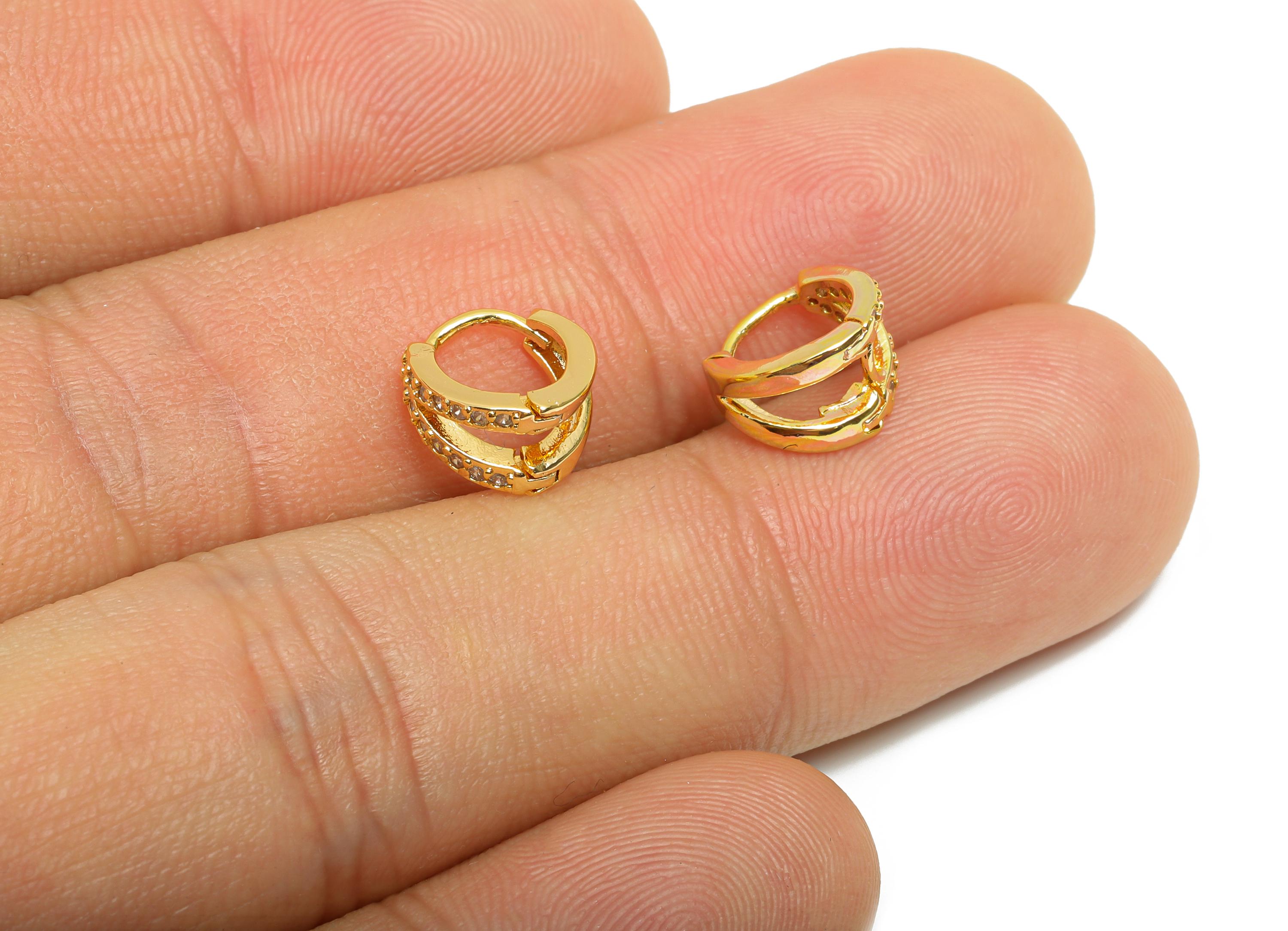 Brass CZ Round Huggie Hoop Earring - Double Hoop Zircon Earring - Delicate Huggie Hoop Clasp - 18K Real Gold Plated - 9x8.57x6mm - RGP10902 - DOMEDBAZAAR