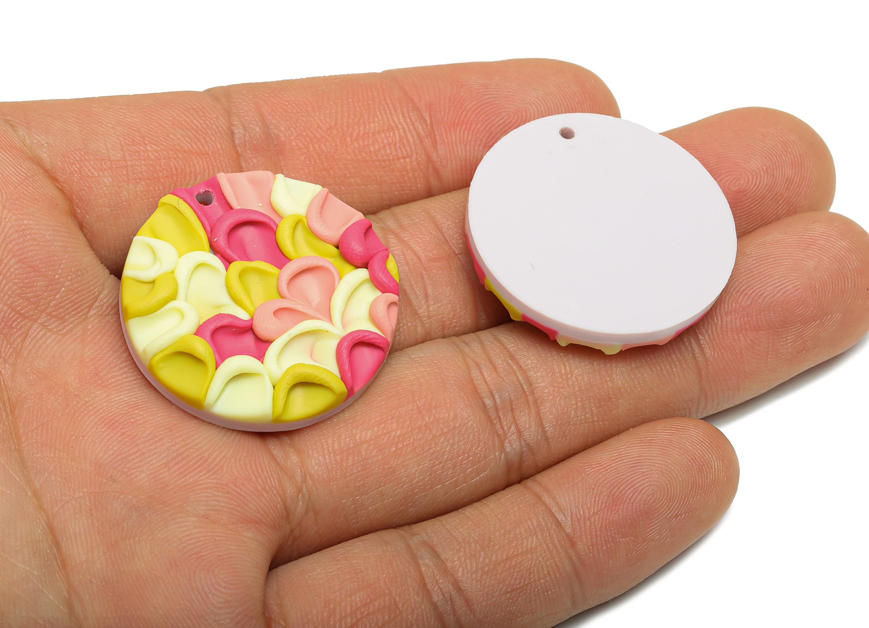 Polymer Clay Round Earring Charms - Artisan 3D Flower Charm - Handmade Craft Embellishment - DIY Craft Jewelry - 32x24x9.65mm - PC2341 - DOMEDBAZAAR