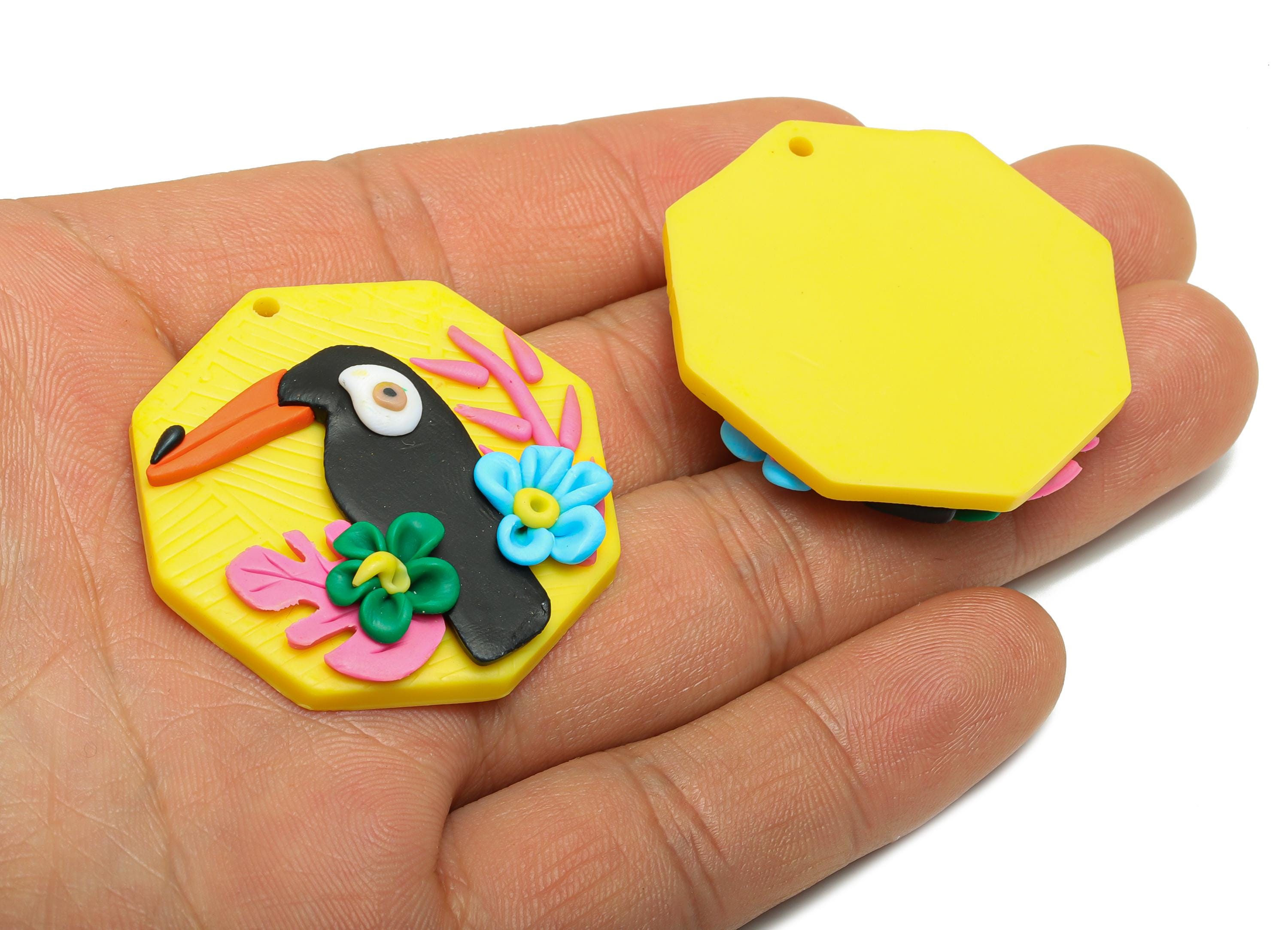 Polymer Clay Toucan Pendant - Artisan 3D Flower Charm - Bright Summer Colorful Toucan Accessory - DIY Craft Jewelry - 32x24x9.65mm - PC2342 - DOMEDBAZAAR