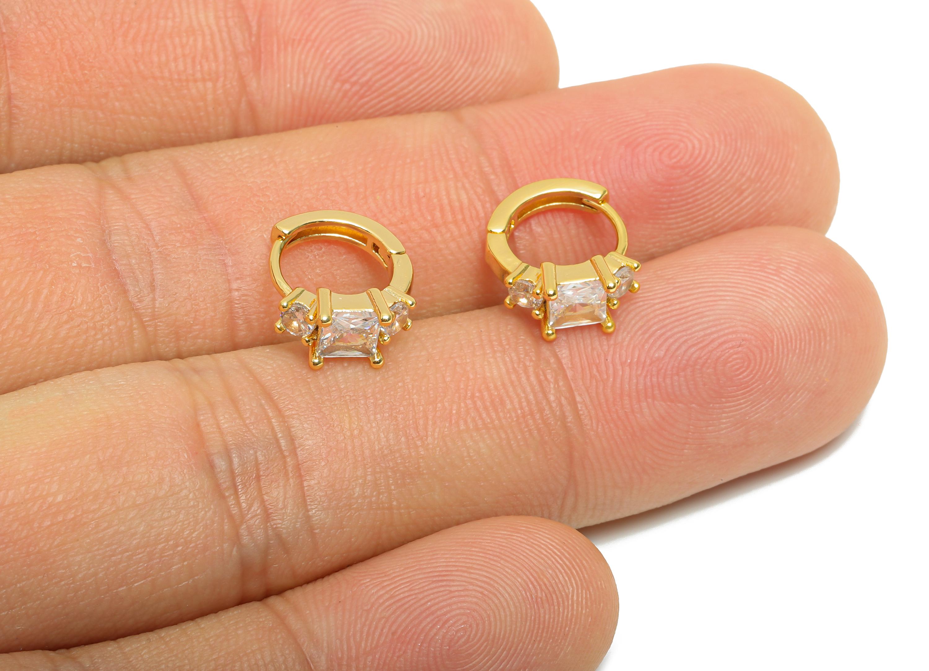 Brass CZ Huggie Hoop Earring - Brass Square Zircon Earring - Modern Huggie Hoop Clasp - 18K Real Gold Plated - 12.22x9.9x5mm - RGP10926 - DOMEDBAZAAR