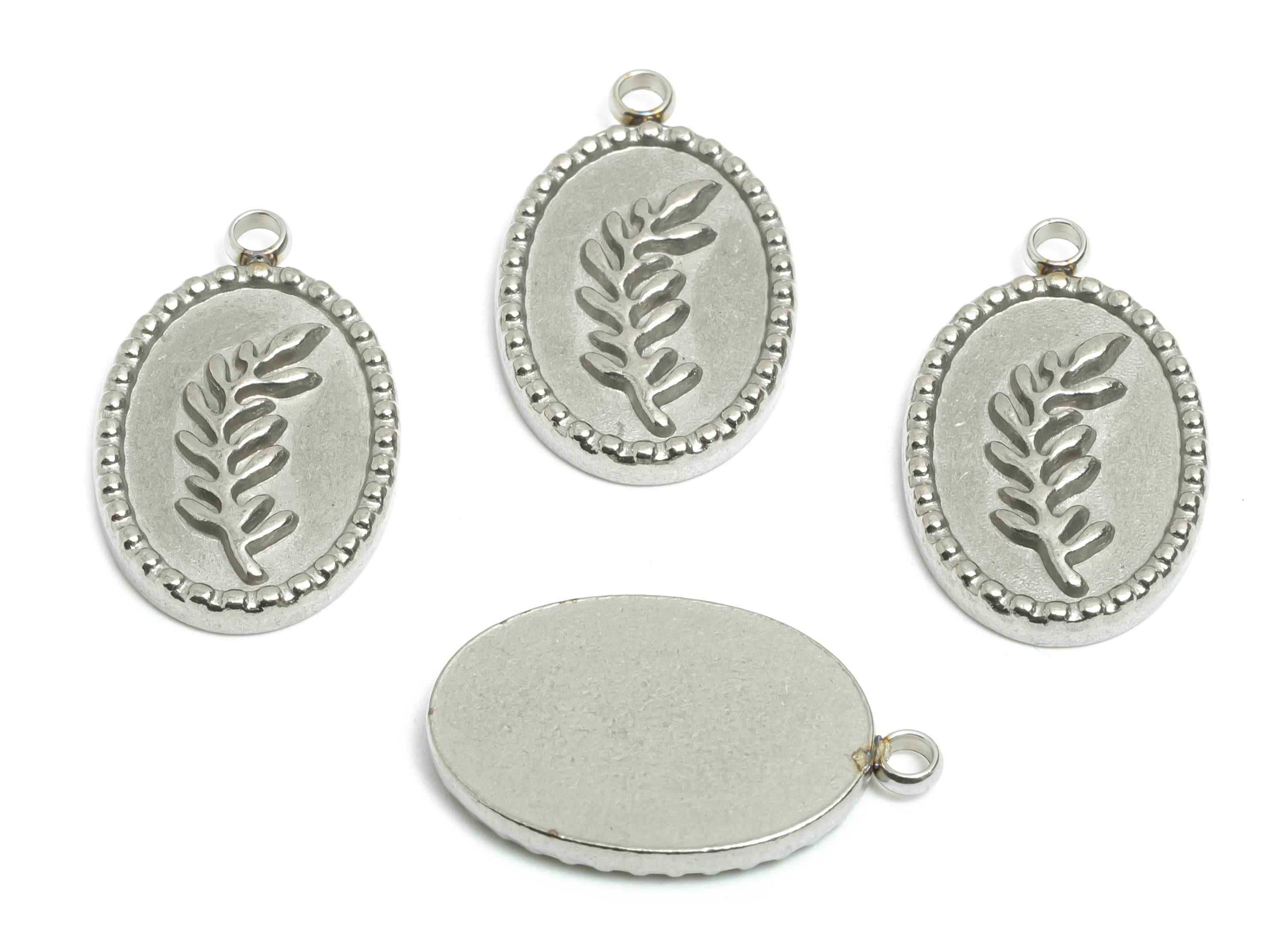 Stainless Steel Leaf Charm - Oval Silver Steel Botanical Pendant - Textured Leaf Embossed Jewelry - Steel Finding - 20.9x12.9x2.4mm - SS2574 - DOMEDBAZAAR