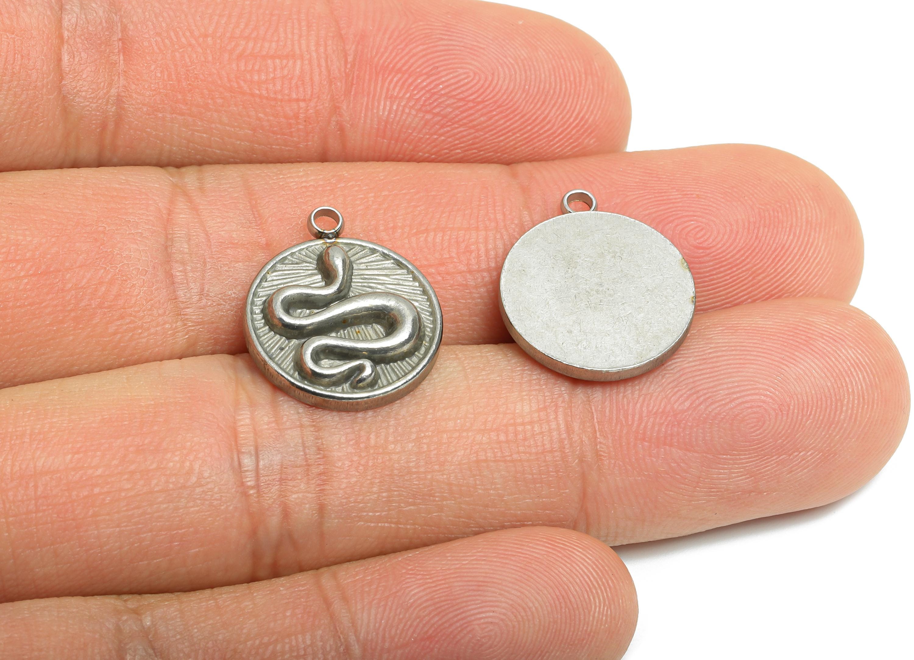 Stainless Steel Snake Charms - Round Snake Motif Necklace Pendant - Vintage Looking Charms - Steel Jewelry Finding - 17.96x15.2x3mm - SS2544 - DOMEDBAZAAR