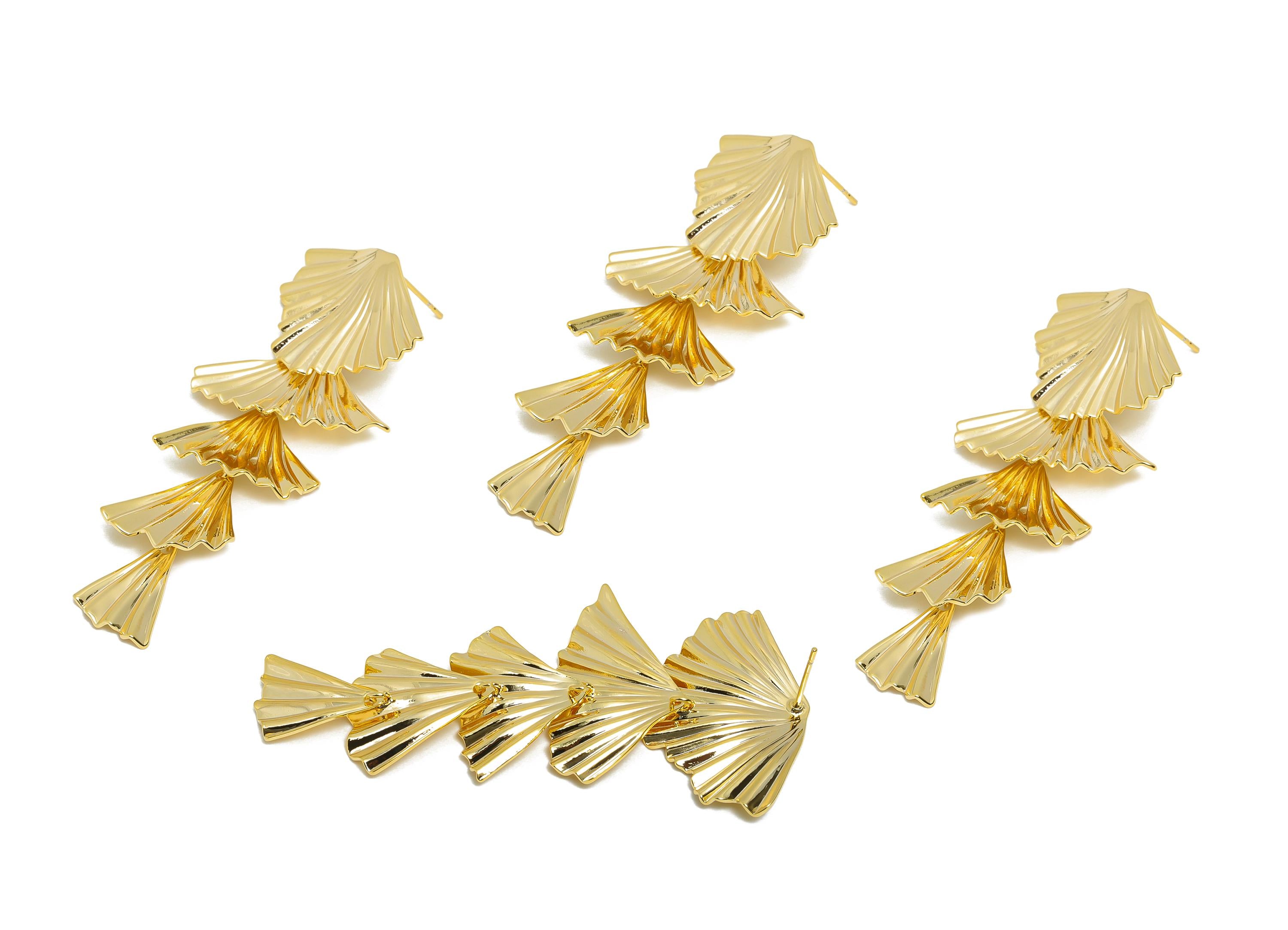 Brass Fan Earring Post - Layered Fan Drop Earring Stud - Elegant Fan Earrings for Women - 18K Real Gold Plating - 67x30x1mm - RGP10431 - DOMEDBAZAAR