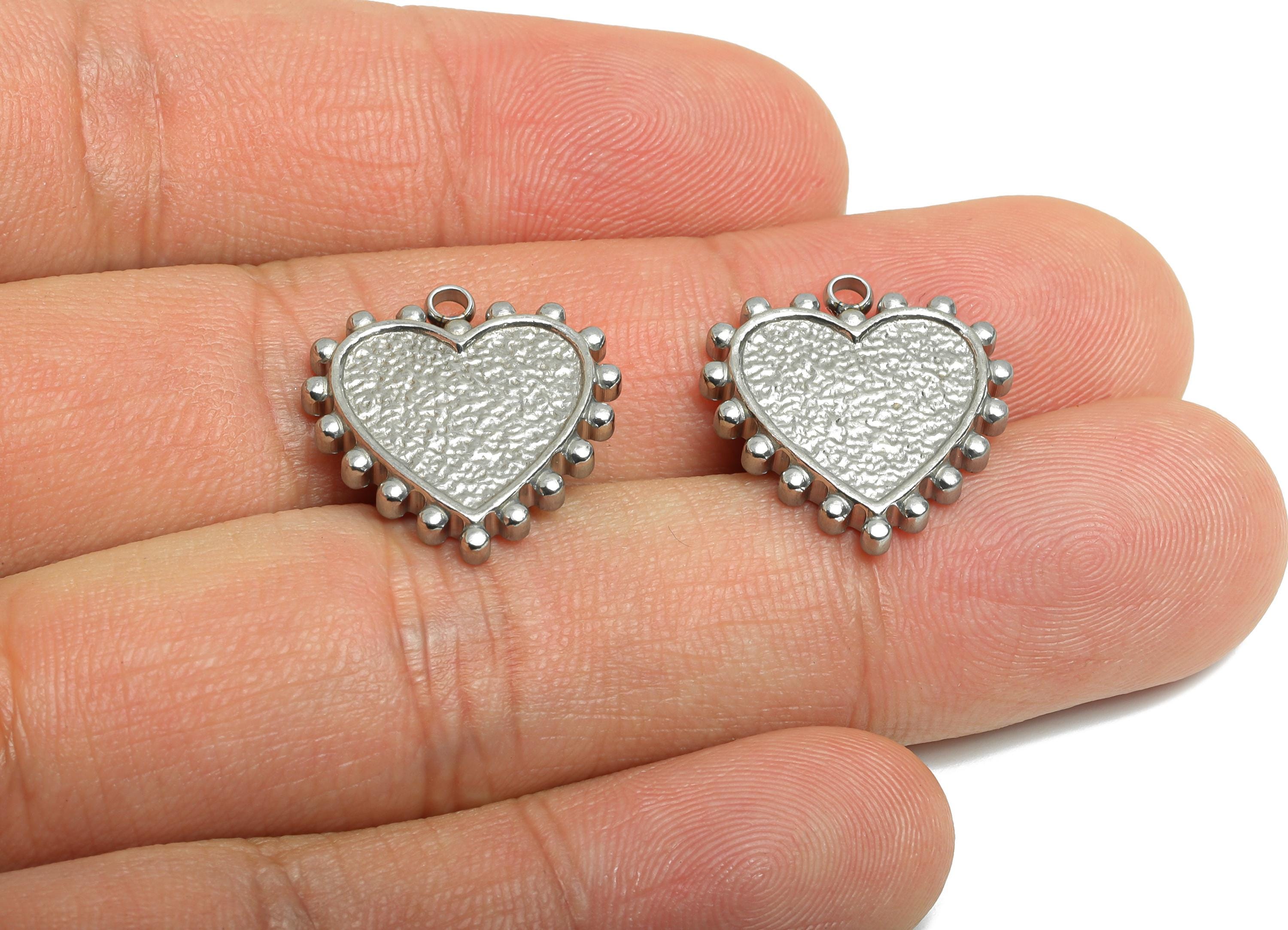 Stainless Steel Heart Charm - Vintage Looking Heart Pendant - Antique Looking Beaded Heart Charm - Steel Jewelry - 19.3x17.5x2.8mm - SS2563 - DOMEDBAZAAR