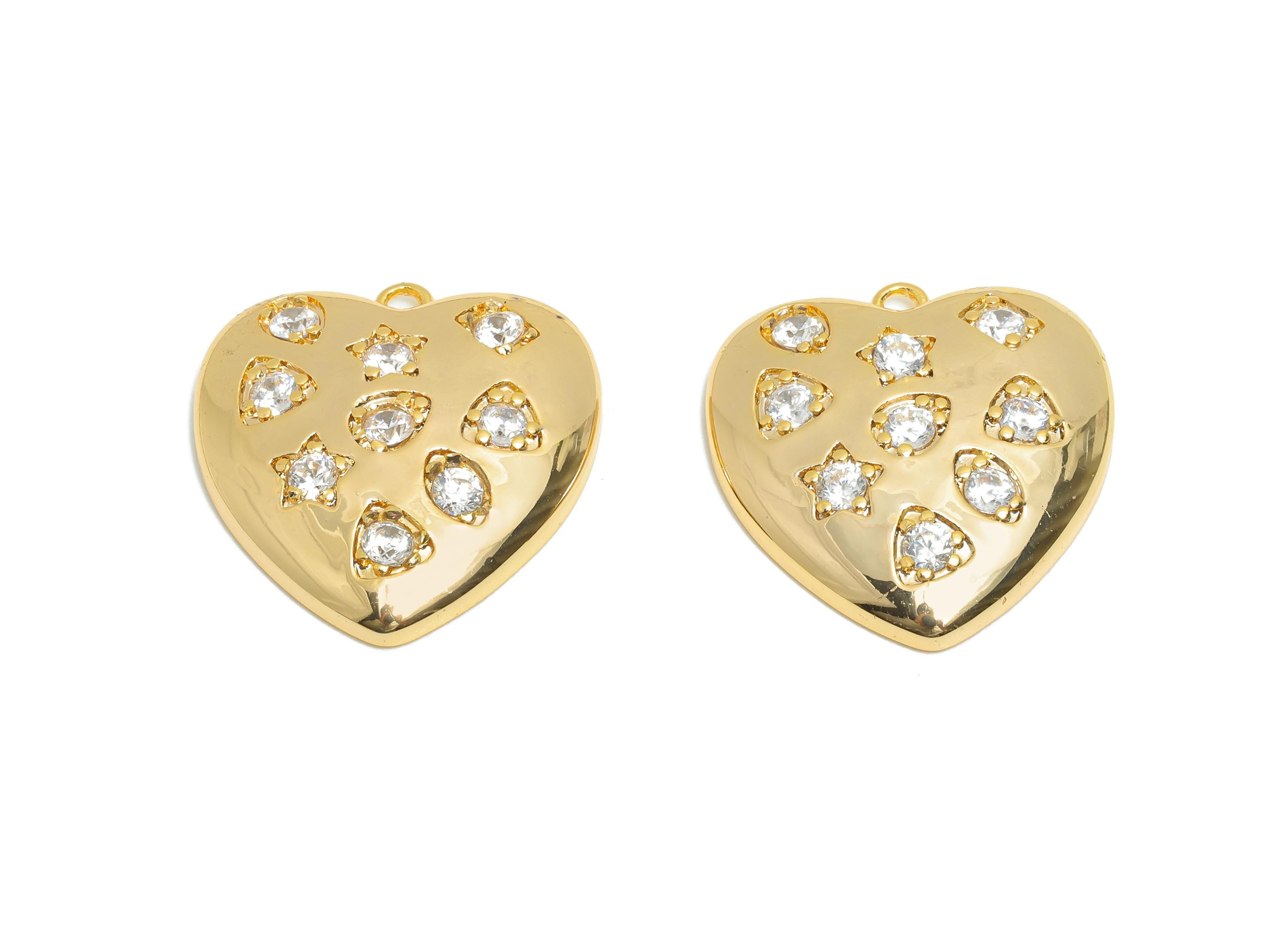 Brass Heart Pendant - Brass Star Zircon Necklace Charm - DIY Jewelry Heart Charm for Bracelet - 18K Real Gold Plating - 19x16x2mm -RGP10957 - DOMEDBAZAAR