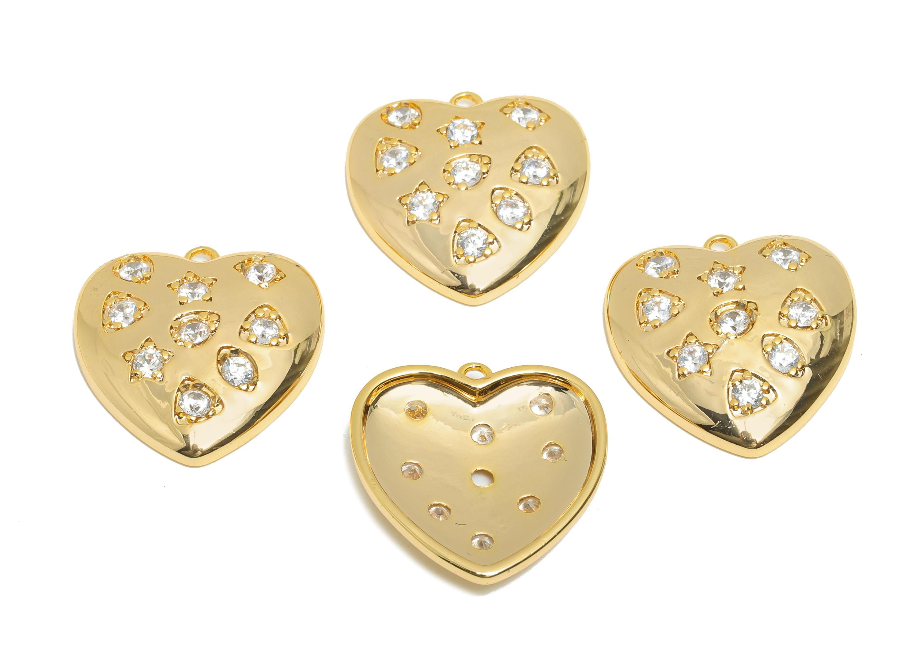 Brass Heart Pendant - Brass Star Zircon Necklace Charm - DIY Jewelry Heart Charm for Bracelet - 18K Real Gold Plating - 19x16x2mm -RGP10957 - DOMEDBAZAAR
