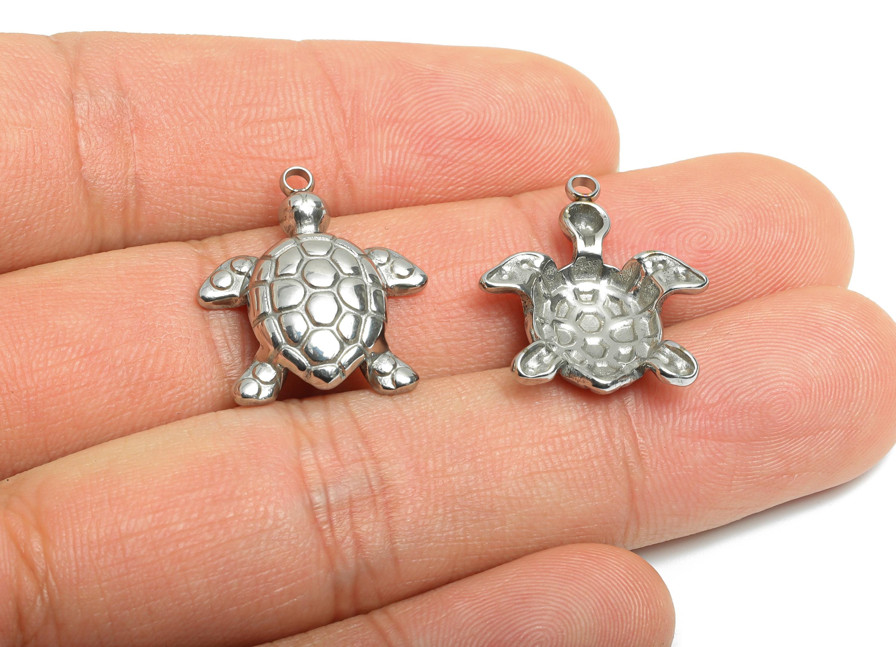 Stainless Steel Turtle Charms - Steel Textured Marine Pendant - Minimalist Sea Life Jewelry Piece - Steel Jewelry - 22x18.7x4.4mm - SS2536 - DOMEDBAZAAR
