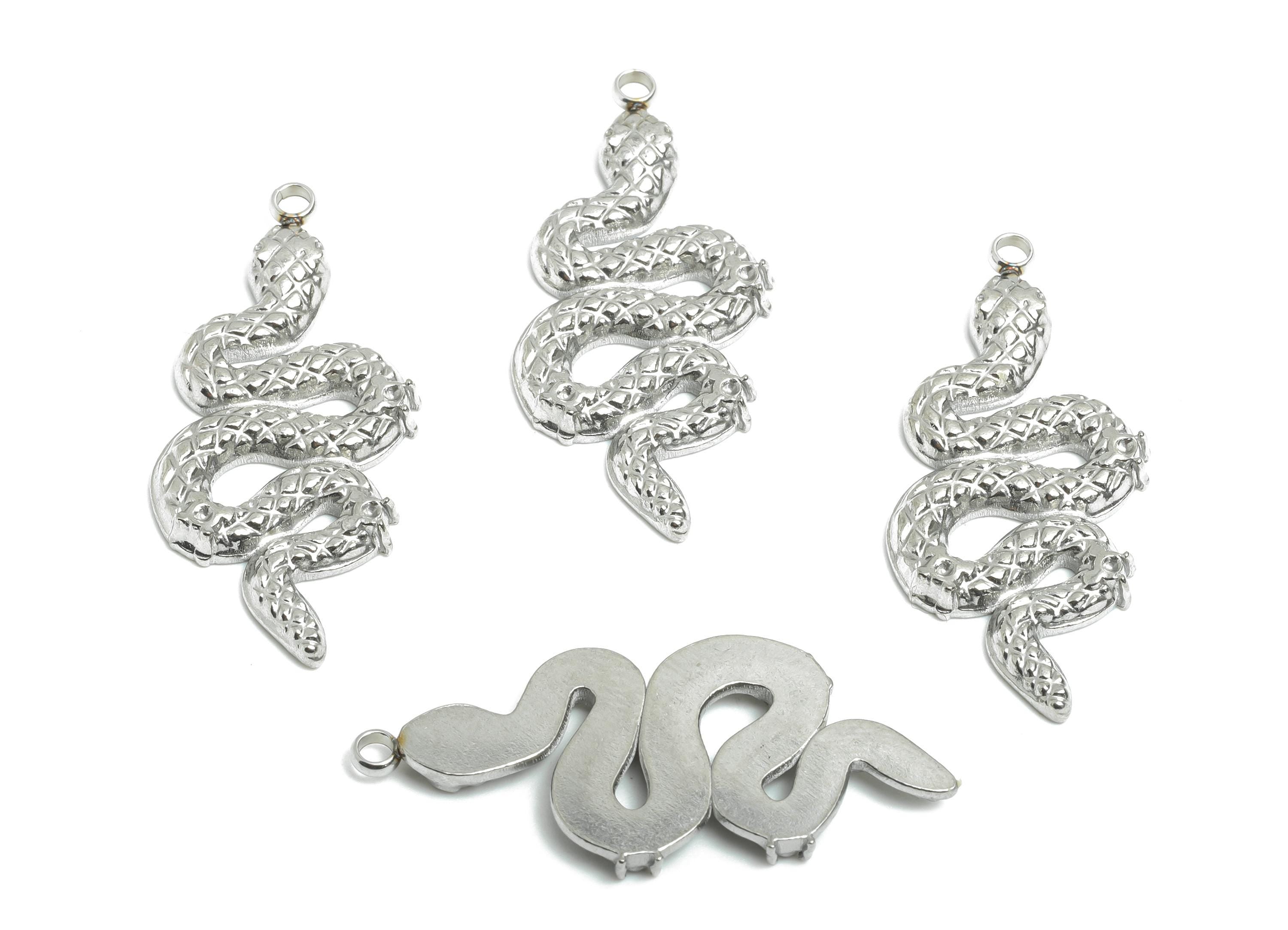 Stainless Steel Snake Pendant - Textured Snake Motif Charm - Mystical Steel Snake Jewelry - Coiled Serpent Ornament - 34x14.9x2.5mm - SS2567 - DOMEDBAZAAR