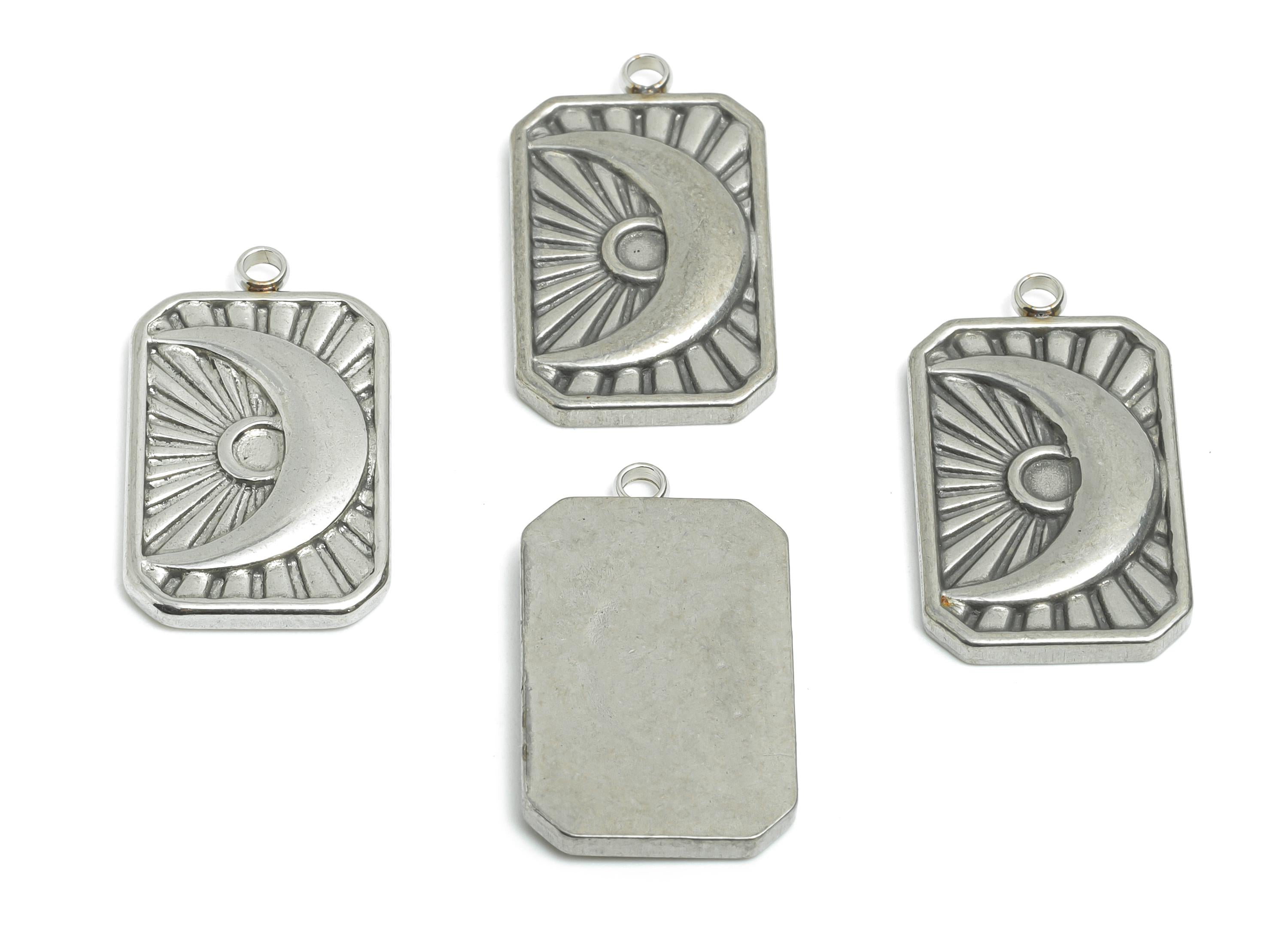 Stainless Steel Rectangle Pendant - Mystical Celestial Crescent Charms - Cosmic Jewelry Making - Steel Findings - 23.6x13.6x2.4mm - SS2561 - DOMEDBAZAAR