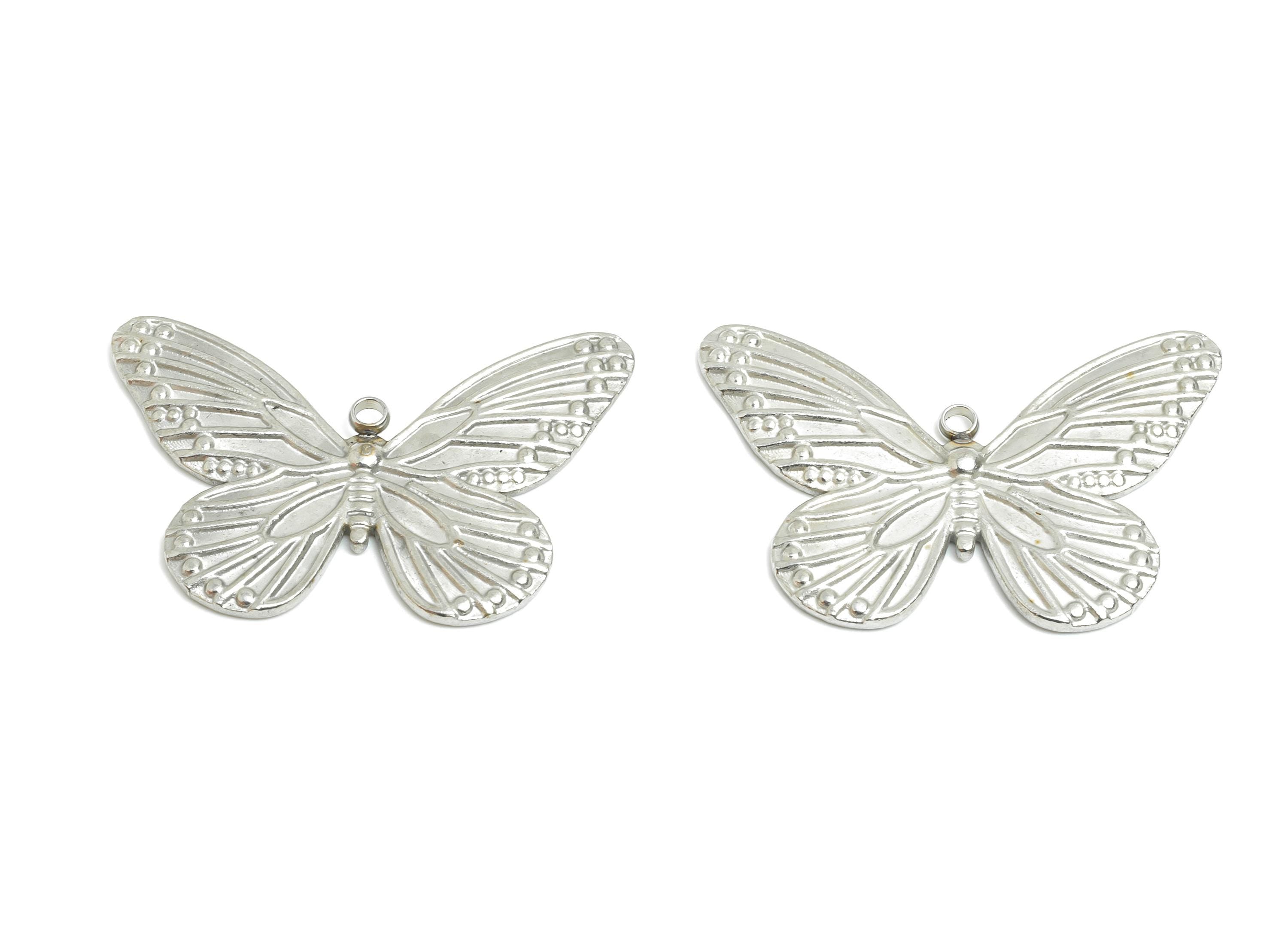 Steel Butterfly Pendant - Textured Butterfly Necklace Pendant - Delicate Butterfly Ornament - Steel Jewelry - 24.45x35.66x1.85mm - SS2538 - DOMEDBAZAAR