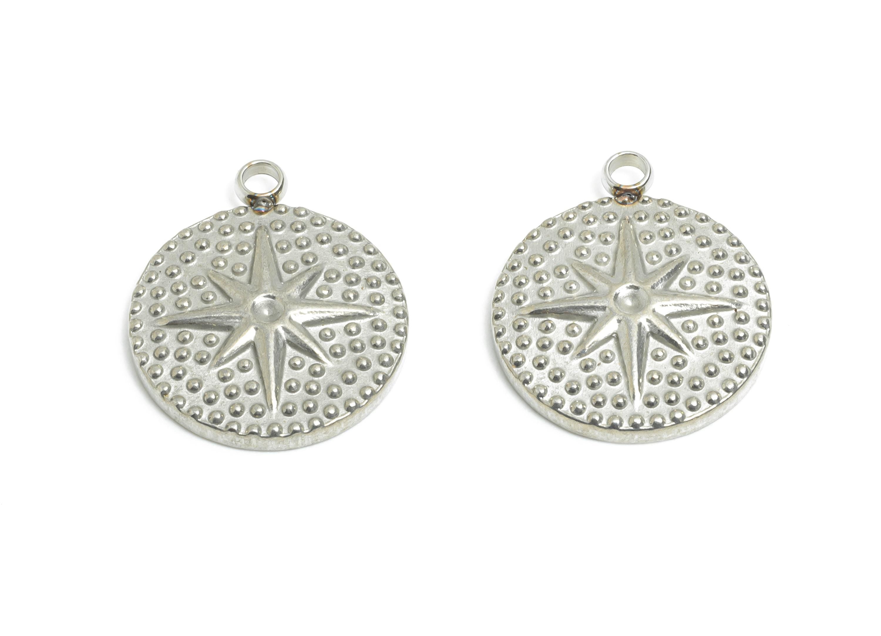 Stainless Steel Round Pendant - Textured Celestial North Star Disc Charm - Cosmic Jewelry Making - Steel Findings - 17x15x2.51mm - SS2565 - DOMEDBAZAAR