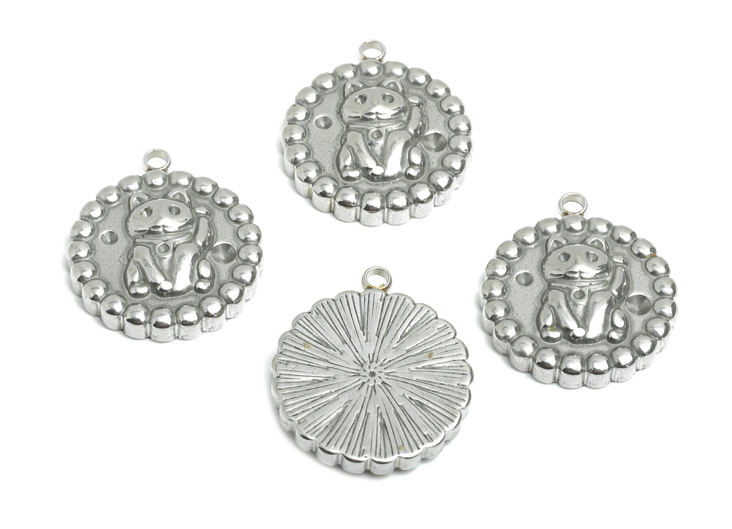 Stainless Steel Cat Pendant - Asian Good Luck Symbol - Silver Token with Waving Cat Charm - Silver Fortune Cat Design - 20x18x4mm - SS2543 - DOMEDBAZAAR