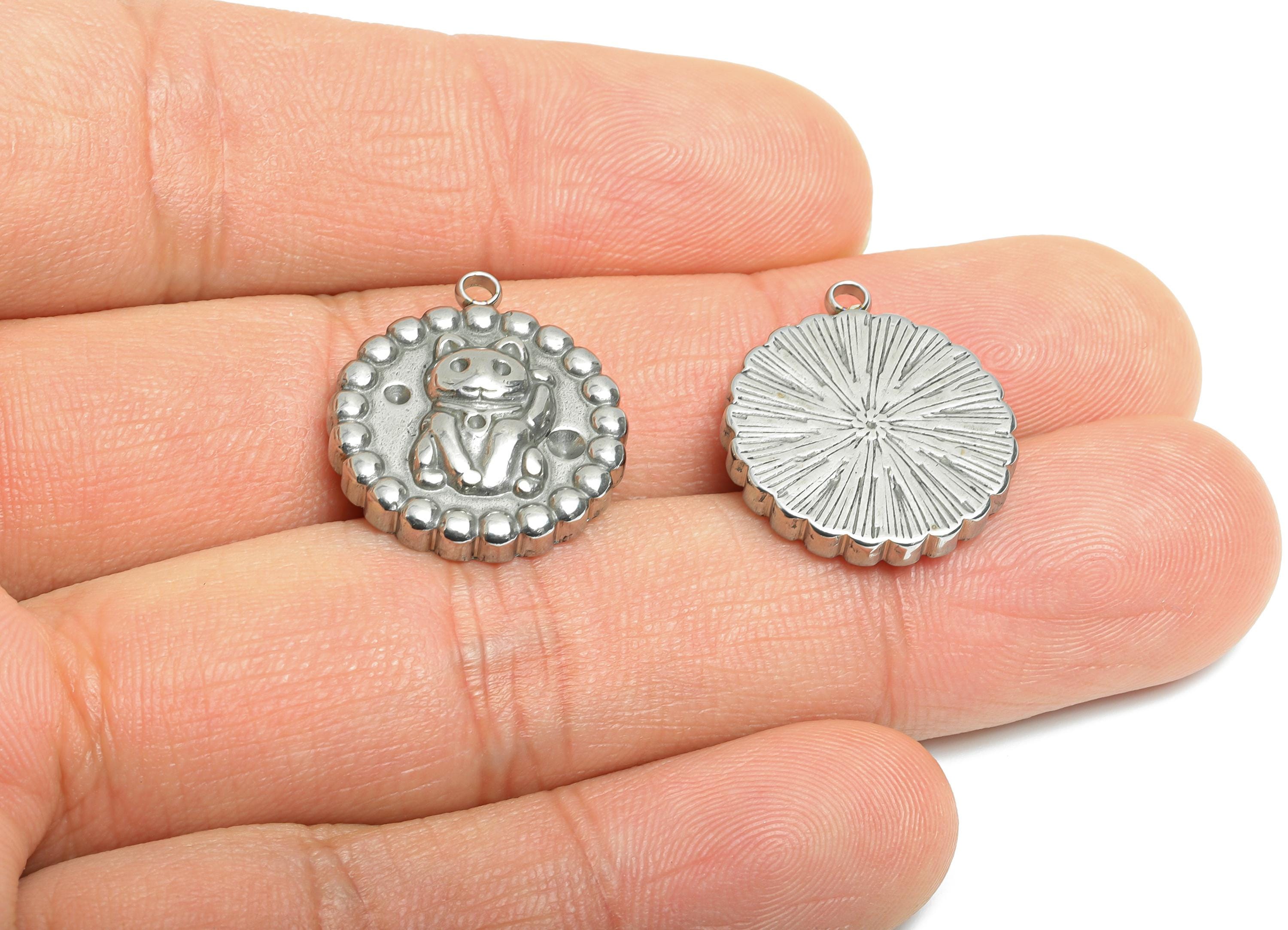 Stainless Steel Cat Pendant - Asian Good Luck Symbol - Silver Token with Waving Cat Charm - Silver Fortune Cat Design - 20x18x4mm - SS2543 - DOMEDBAZAAR