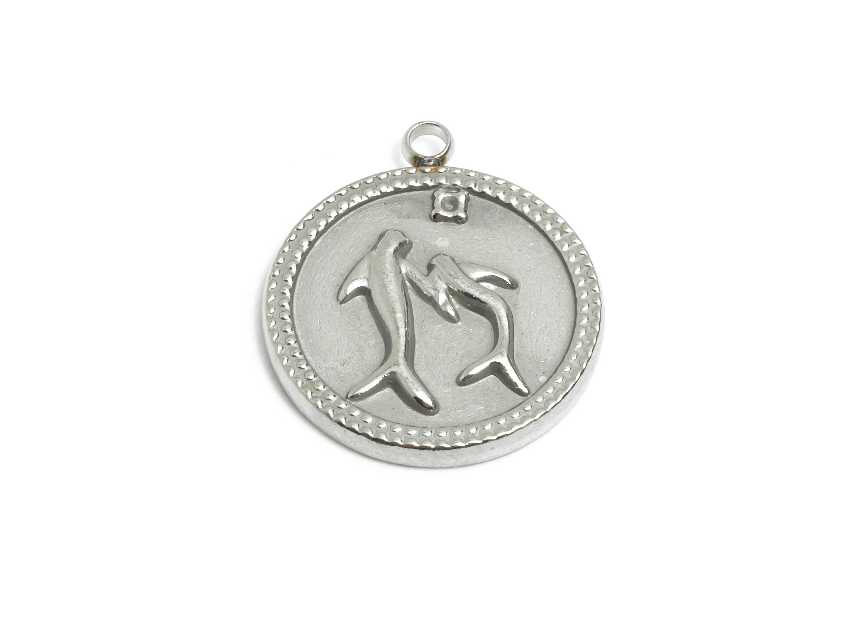 Stainless Steel Dolphin Pendant - Round Steel Marine Life Coin Charm - Elegant Dolphin Charm - Stainless Steel Jewelry - 20x18x2mm - SS2556 - DOMEDBAZAAR