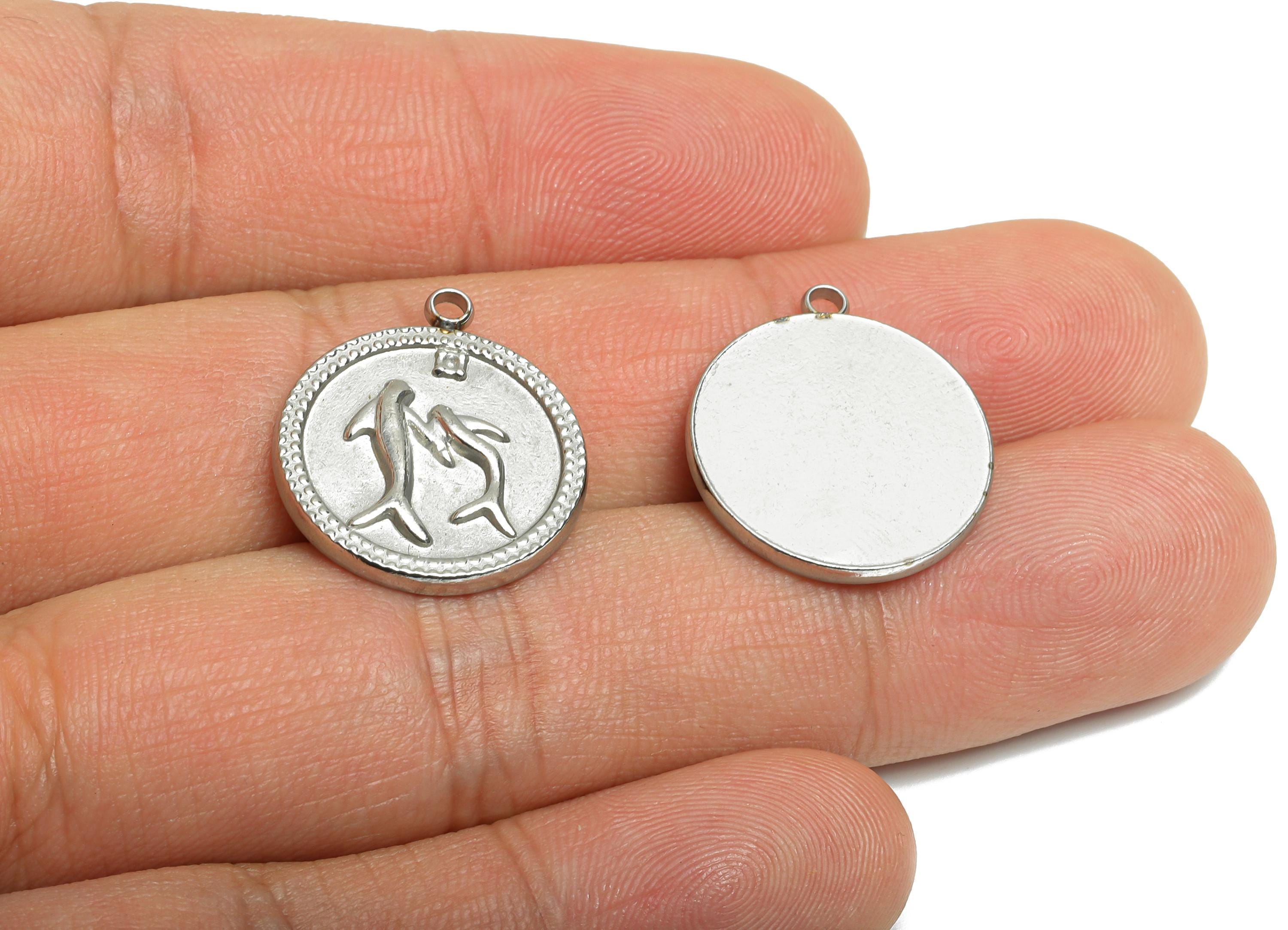 Stainless Steel Dolphin Pendant - Round Steel Marine Life Coin Charm - Elegant Dolphin Charm - Stainless Steel Jewelry - 20x18x2mm - SS2556 - DOMEDBAZAAR