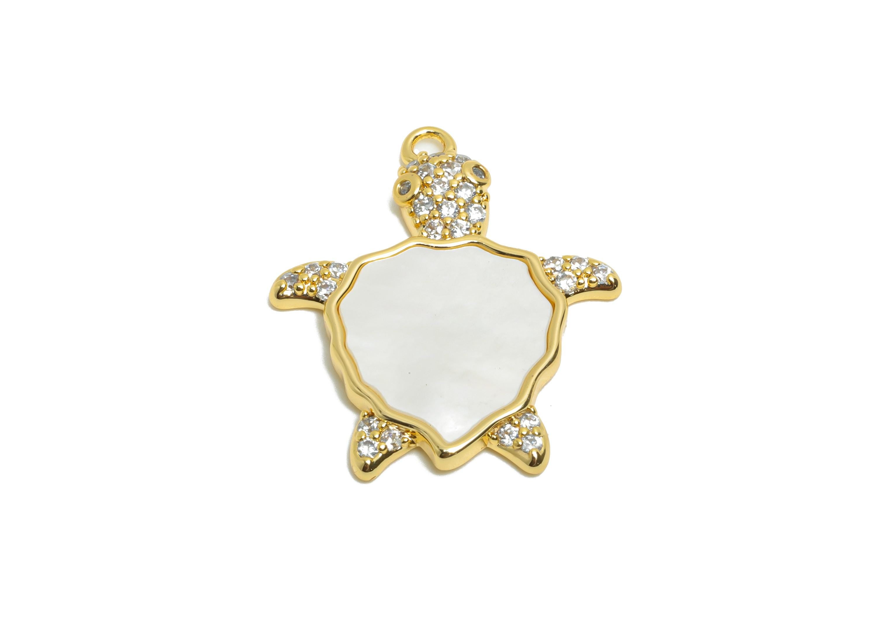 Brass Turtle Pendant - Brass Shell Cubic Zircon Marine Life Charm - Sparkling Turtle Pendant - 18K Real Gold Plating - 17x15x3mm - RGP10967 - DOMEDBAZAAR