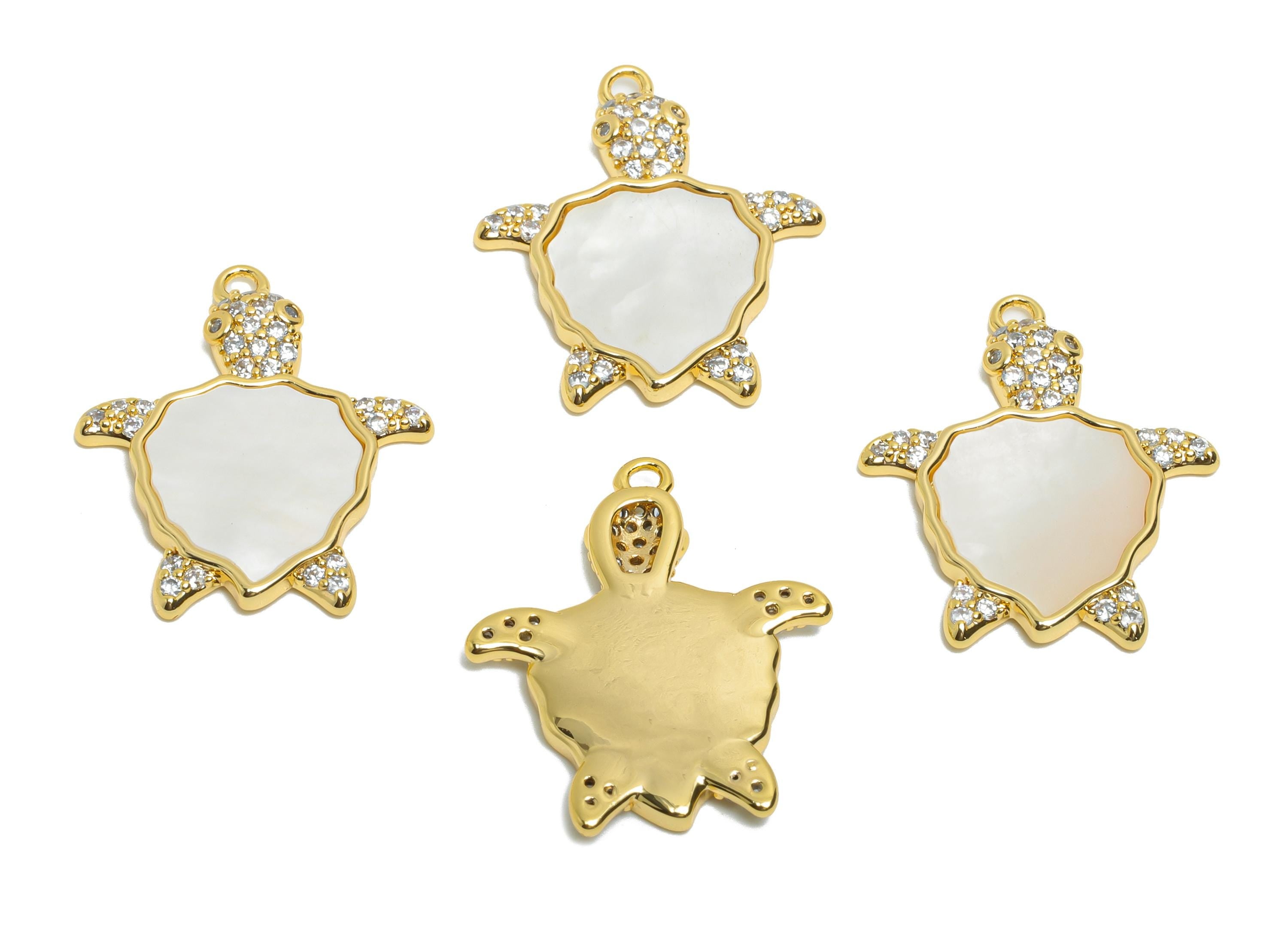 Brass Turtle Pendant - Brass Shell Cubic Zircon Marine Life Charm - Sparkling Turtle Pendant - 18K Real Gold Plating - 17x15x3mm - RGP10967 - DOMEDBAZAAR