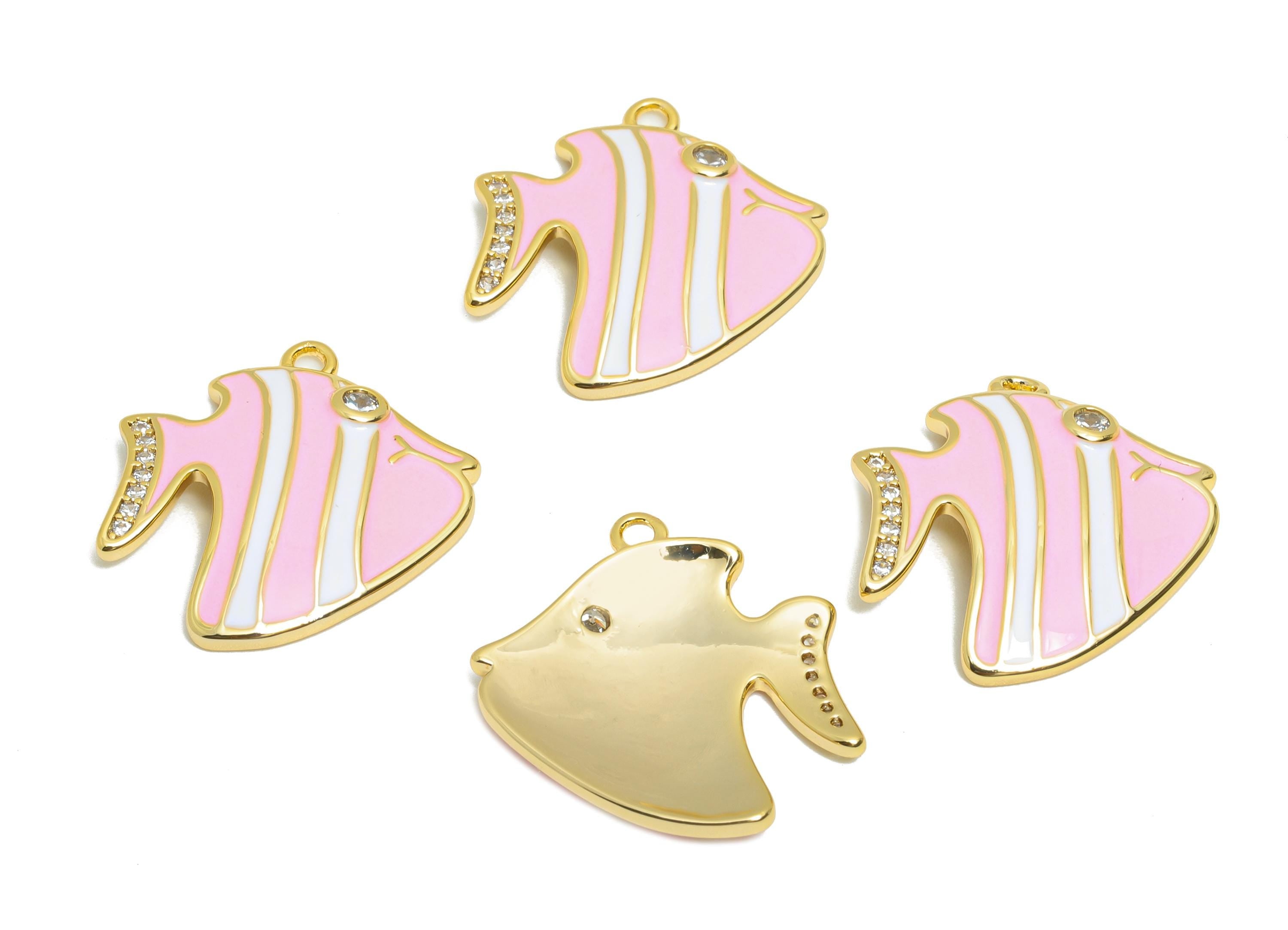 Brass Fish Enamel Pendant - Brass Cubic Zircon Marine Life Charm - Enamel Pink Fish Jewelry - 18K Real Gold Plating - 17x15x3mm - RGP109523