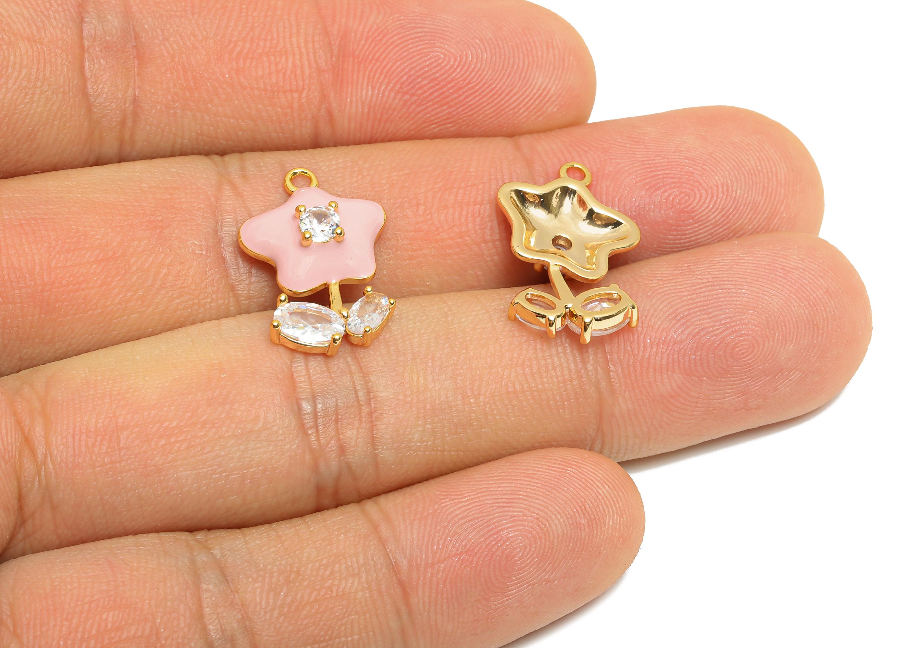 Brass Daisy Enamel Pendant - Brass Rectangle Zircon Floral Charm - Enamel Pink Flower Jewelry - 18K Real Gold Plating - 20x13x4mm - RGP10962
