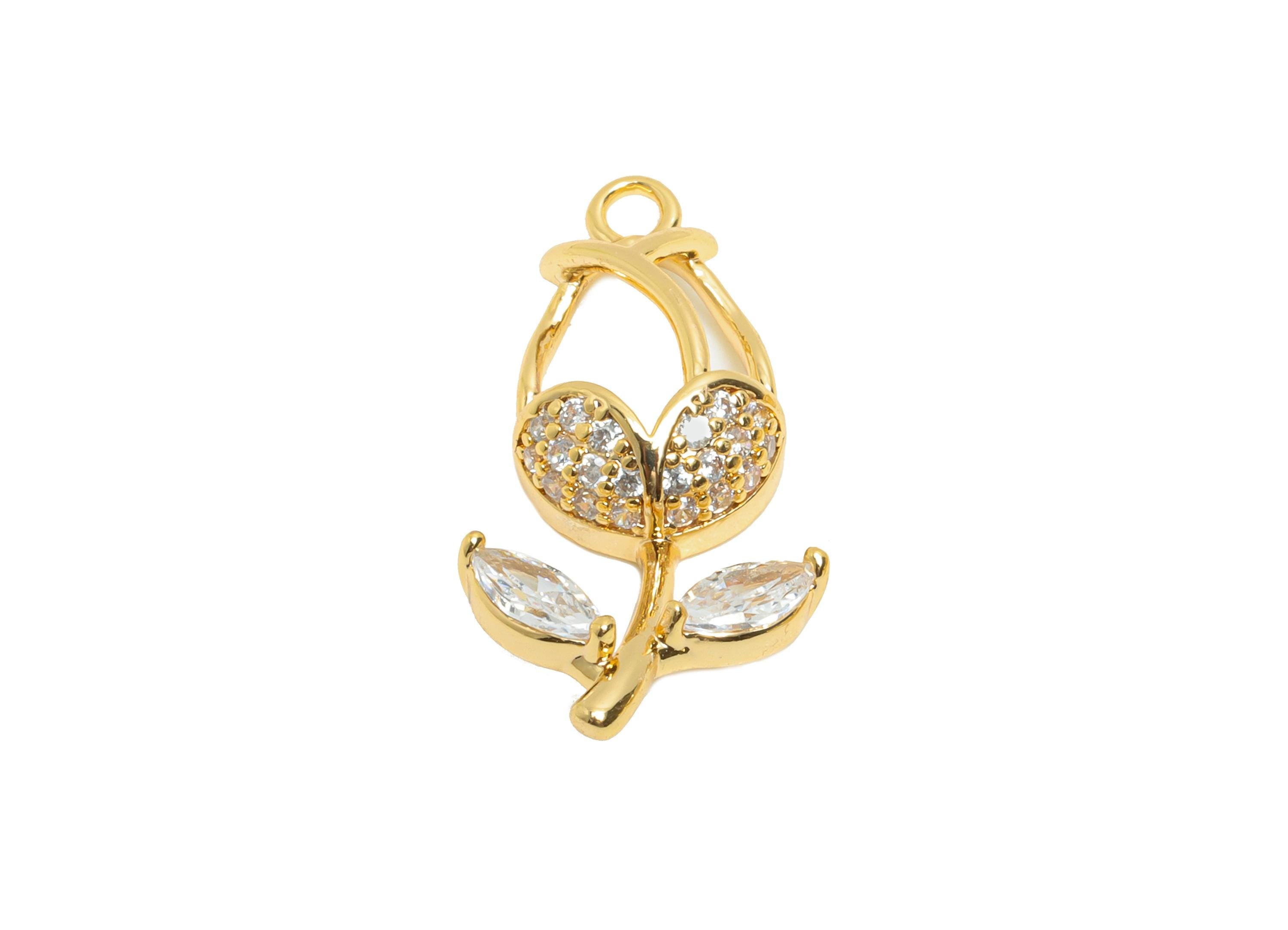Brass Rose CZ Pendant - Brass Cubic Zircon Floral Charm - Marquise Necklace Charm For DIY Bead - 18K Real Gold Plating - 21x10x4mm -RGP10952 - DOMEDBAZAAR