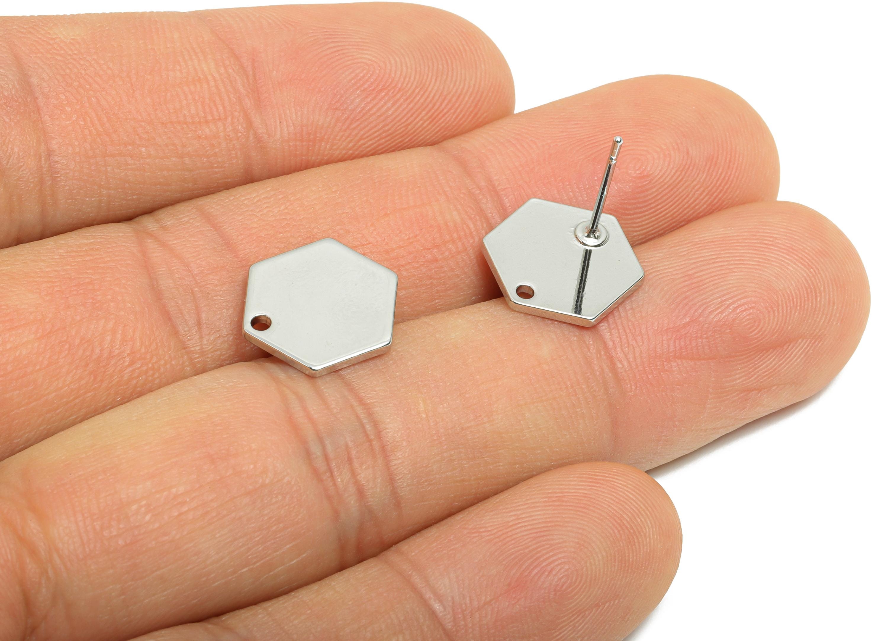 Brass Hexagon Earring Post - Brass DIY Earring Stud With Hole - Craft Earring Accessories - 18k Real White Gold Plated - 8x5x3mm - RGP10019 - DOMEDBAZAAR