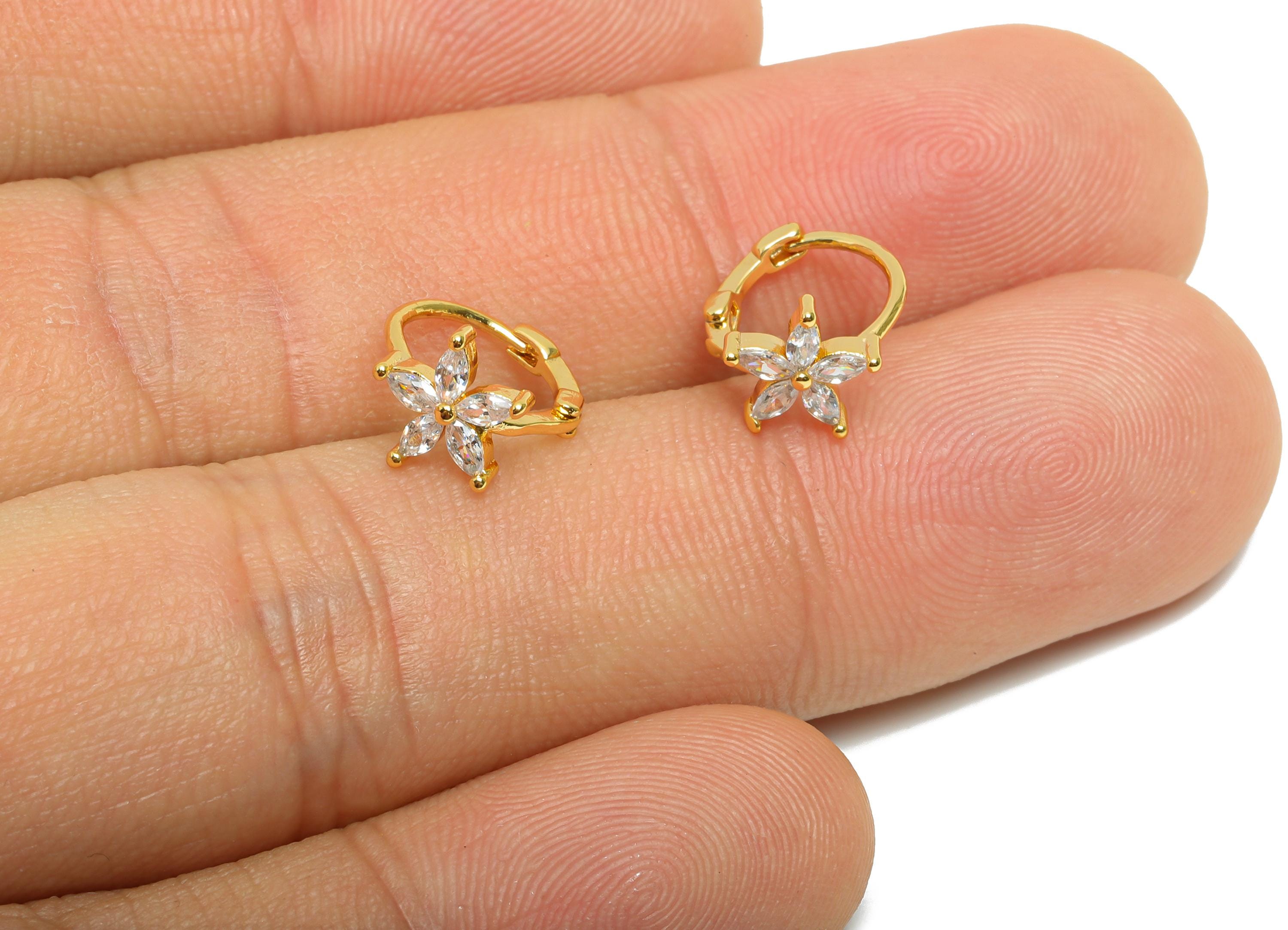 Brass CZ Huggie Hoop Earring - Mini Marquise Zircon Earring - Botanical Floral Huggie Hoop Clasp - 18K Real Gold Plated - 11x9x7mm -RGP10947 - DOMEDBAZAAR