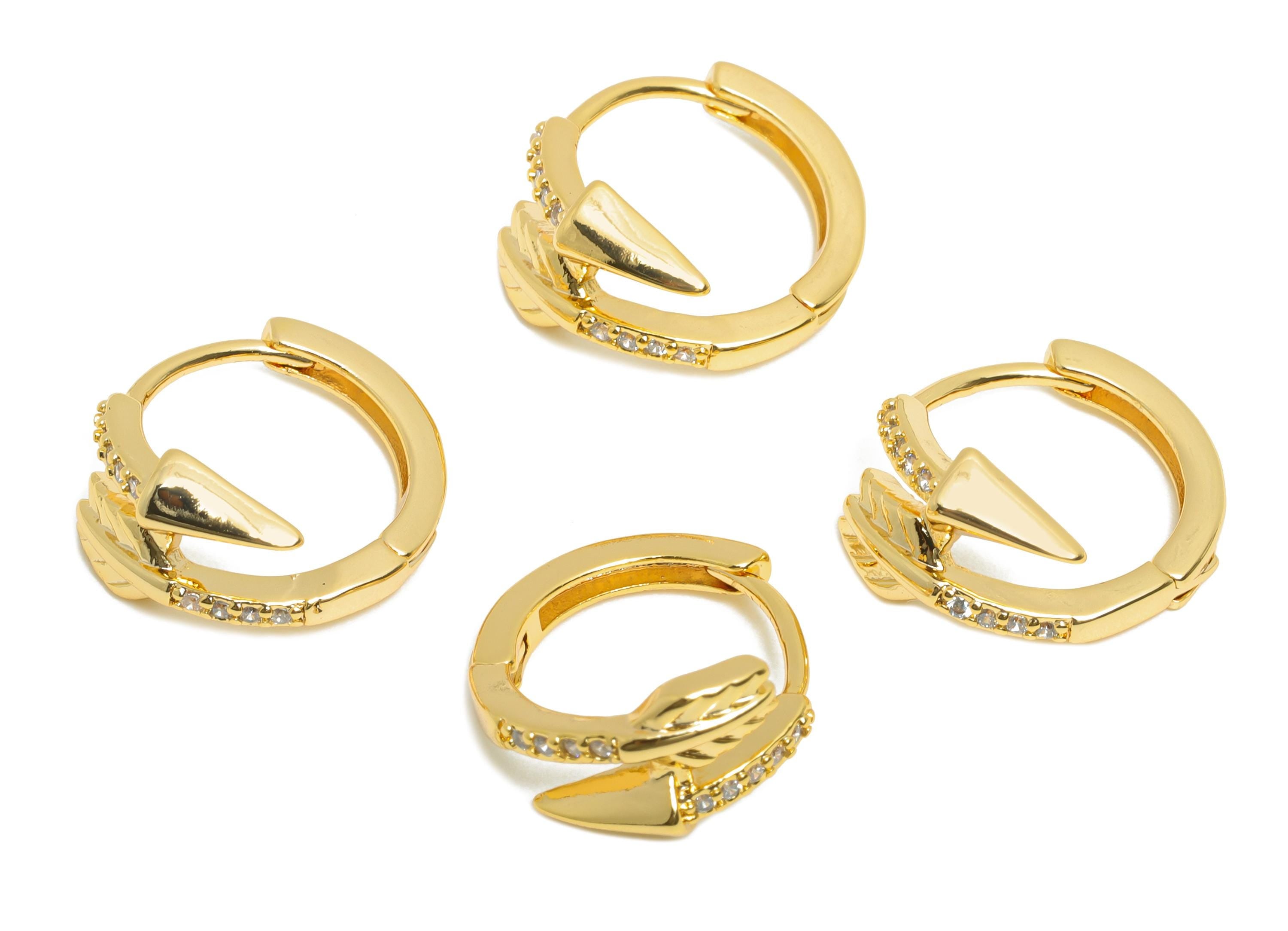 Brass CZ Huggie Hoop Earring - Brass Arrow Zircon Earring - Statement Huggie Hoop Clasp - 18K Real Gold Plated - 14.63x13x6.9mm - RGP10848 - DOMEDBAZAAR